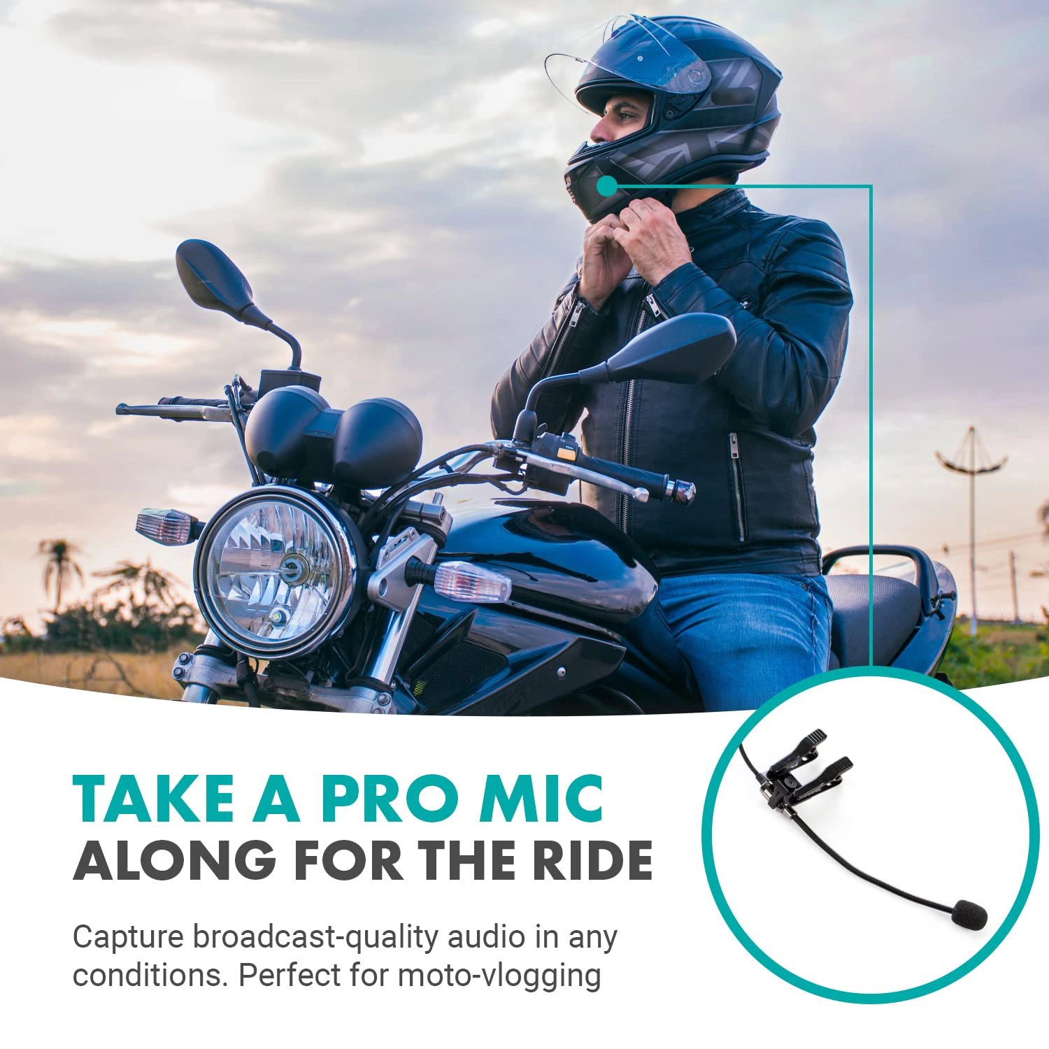 Movo ACM400 Flexible Gooseneck Omnidirectional Microphone for Motovlogging Moto Vlog Action Cam Helmet Mic - Clip on