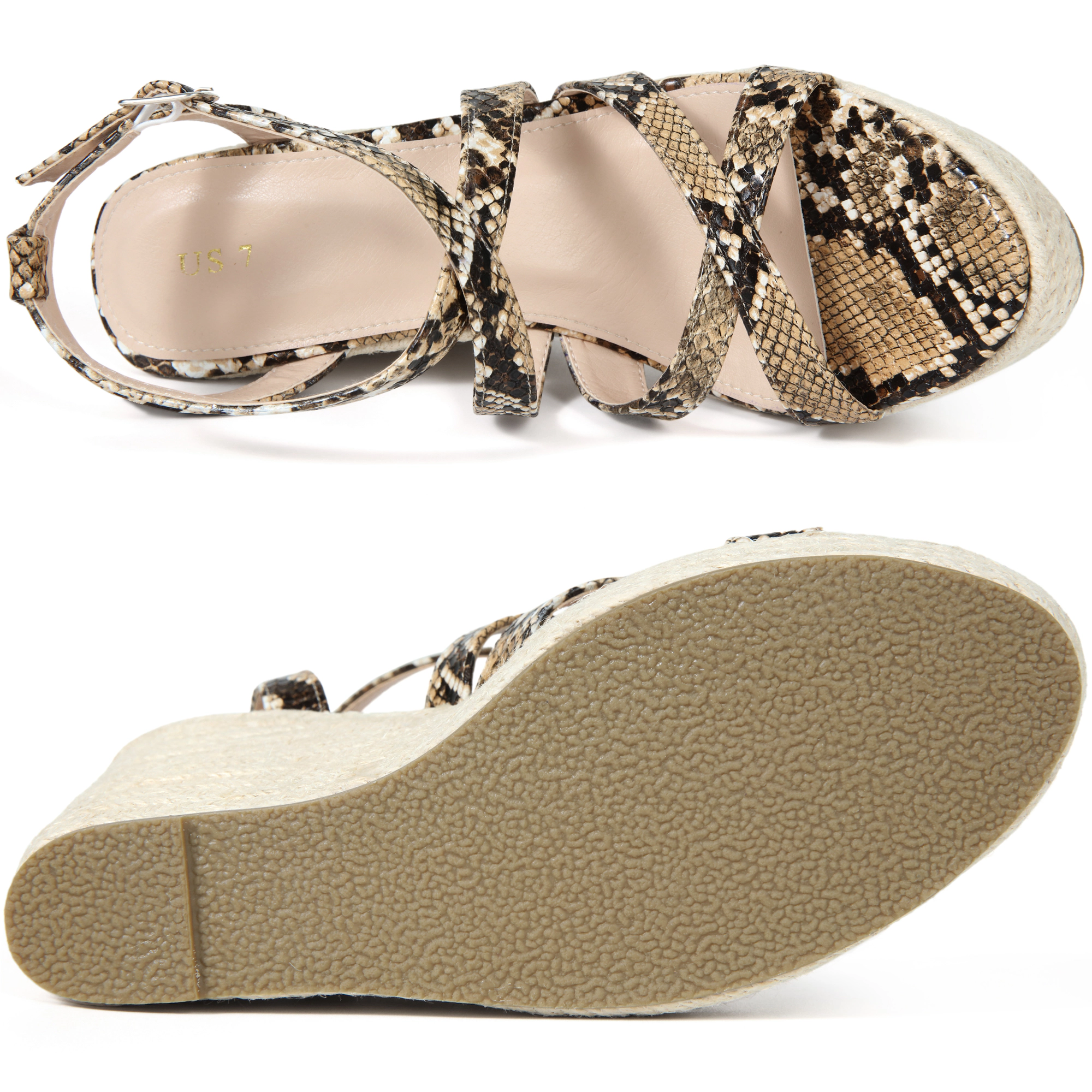 BLISSFUL STEP Women's Snake Print Strappy Platform Wedge Heel Espadrille Sandals