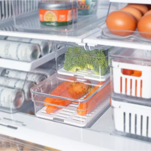 OU Fridge Organizer Bin w/ Vented Lid, Clear Stackable Refrigerator Storage Container w/ Drain Tray, 4 Pack 11.8" Depth