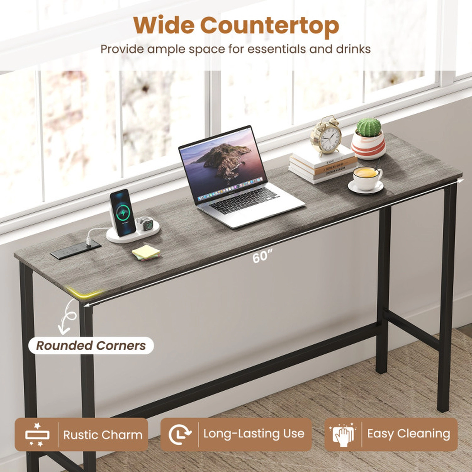 SUGIFT Gray Power Outlet and 3 Padded Stools 4-Piece Counter Height Bar Table Set