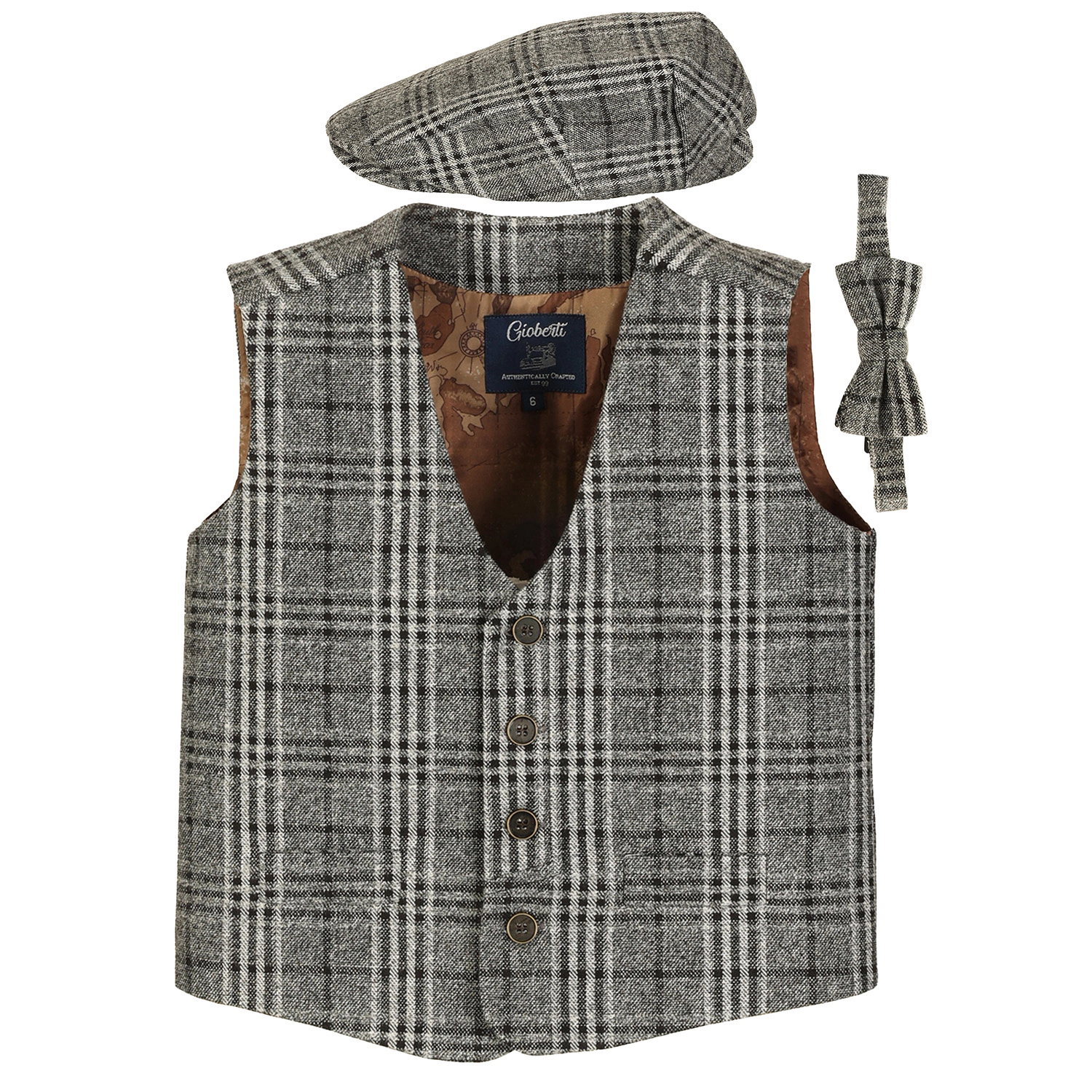 Gioberti Boy's 3pc Tweed Vest With Matching Cap And Bow Tie