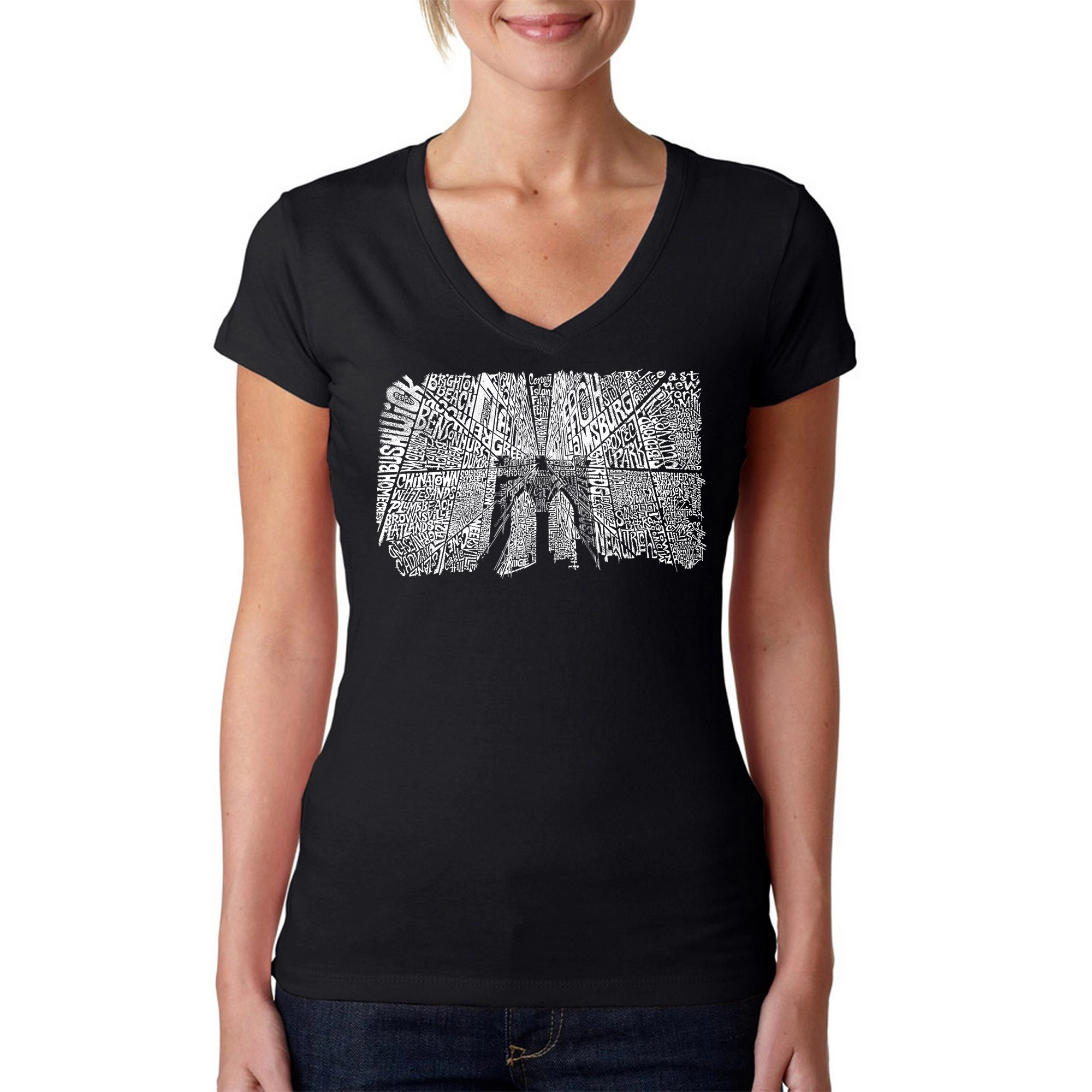 LA Pop Art Womens Word V-Neck T-Shirt - Brooklyn Bridge