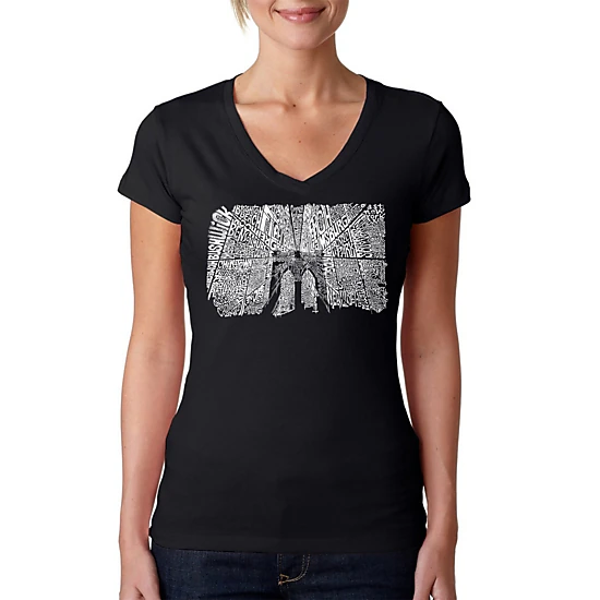 LA Pop Art Womens Word Art V-Neck T-Shirt - Brooklyn Bridge