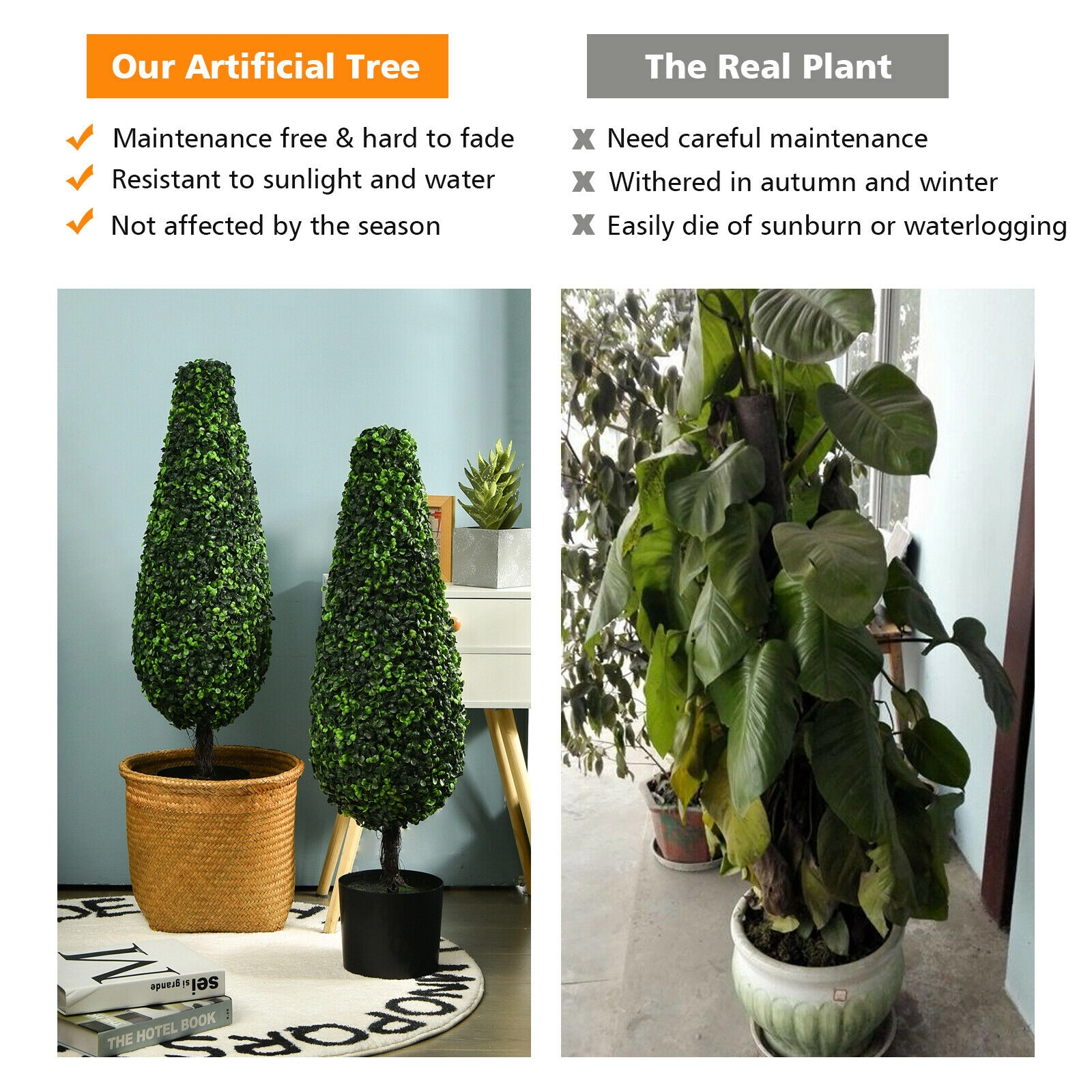 SUGIFT Set of 2 35-in Tower Style Artificial Topiary Trees with UV Resistant Leaves and Cement Base