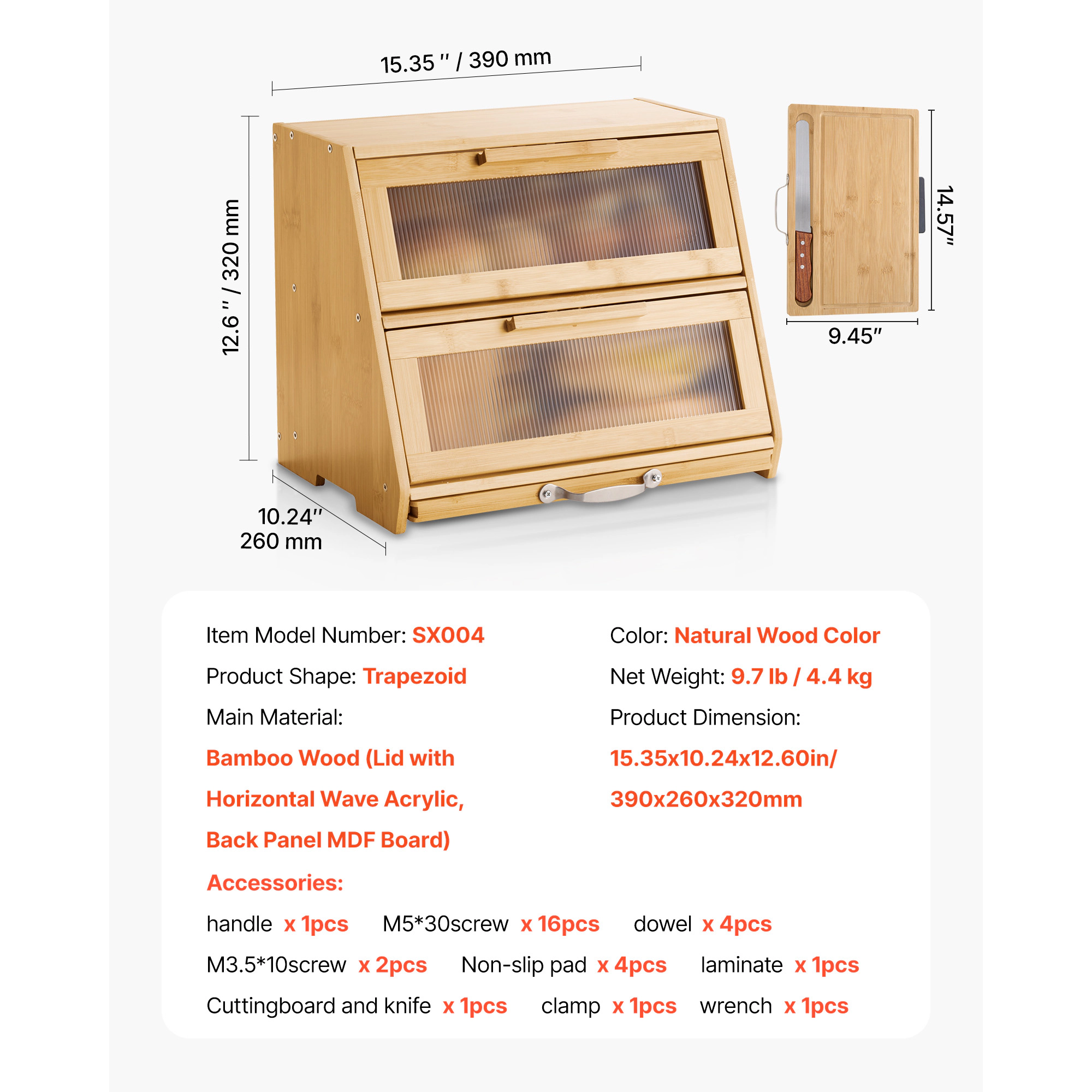 HONGGE Double Layer Bread Box for Kitchen Counter Large Capacity Bamboo Bread Storage Container Farmhouse Wooden