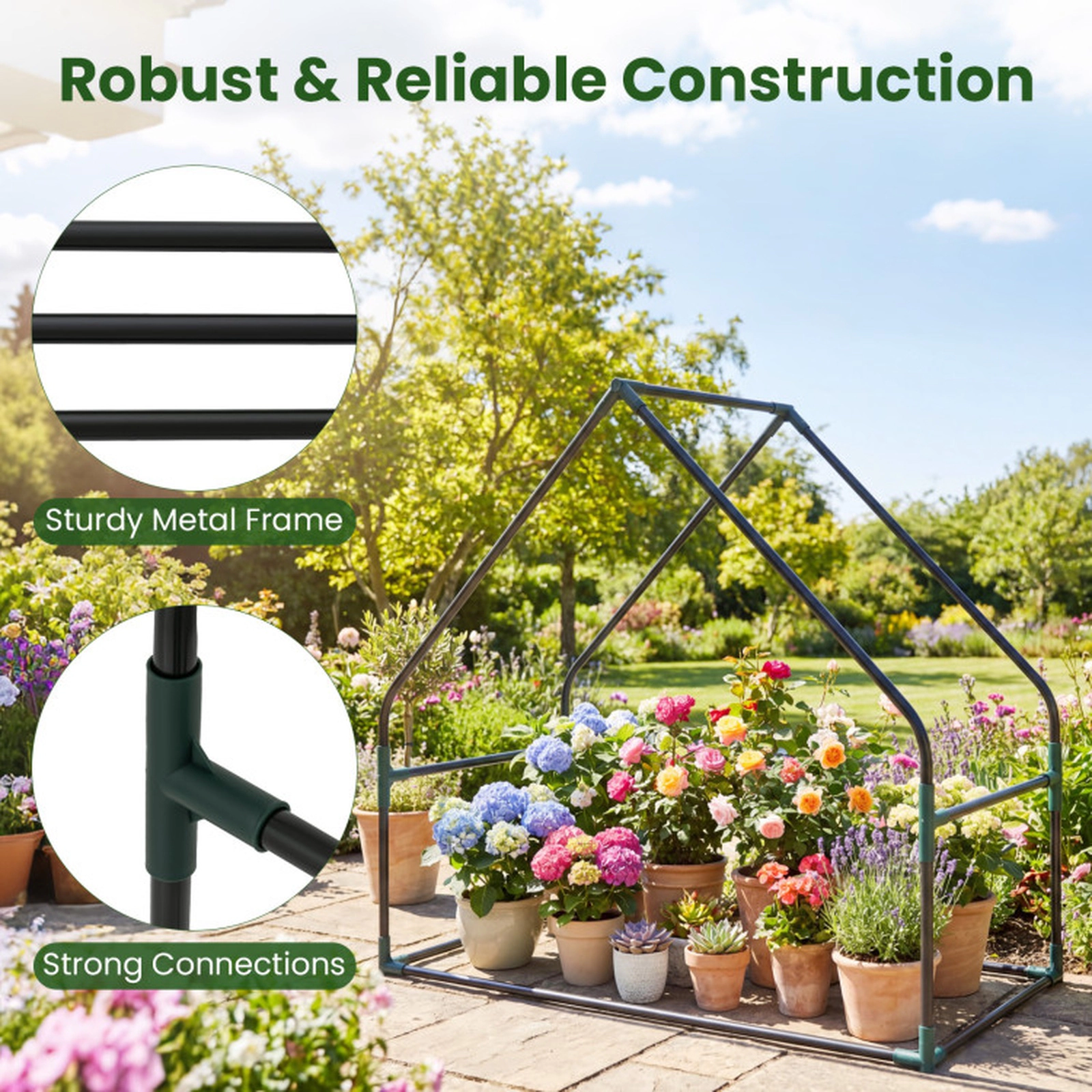 SUGIFT Mini Green House Metal Frame with Waterproof Bottom Mat and Wind Ropes 36-in Tall Clear