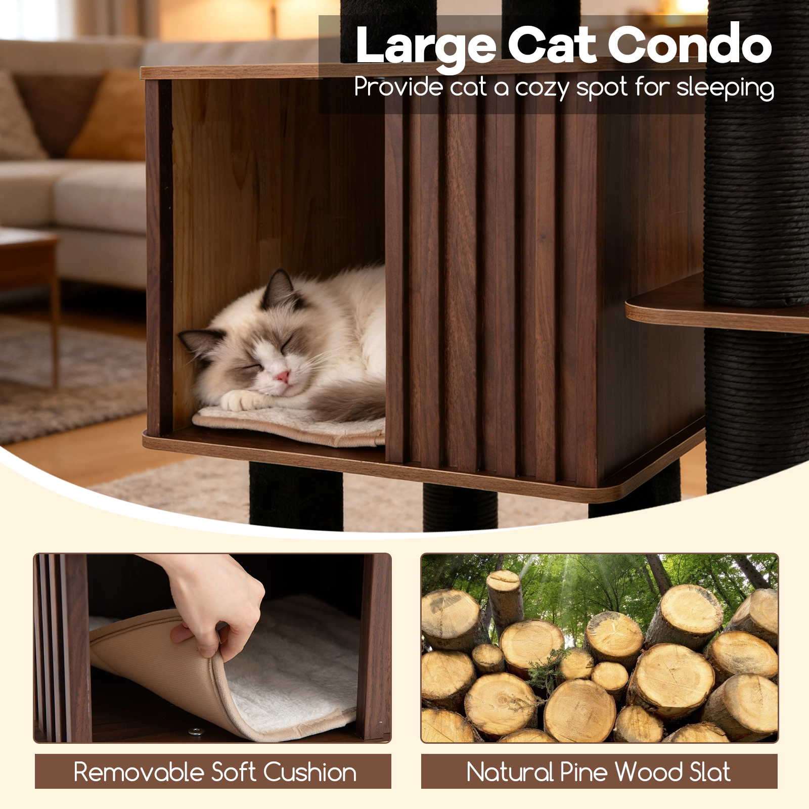 SUGIFT 53.5-in Brown Wooden Cat Tree Tower with 19-in Square Condo 21.5-in Top Perch and Soft Padding