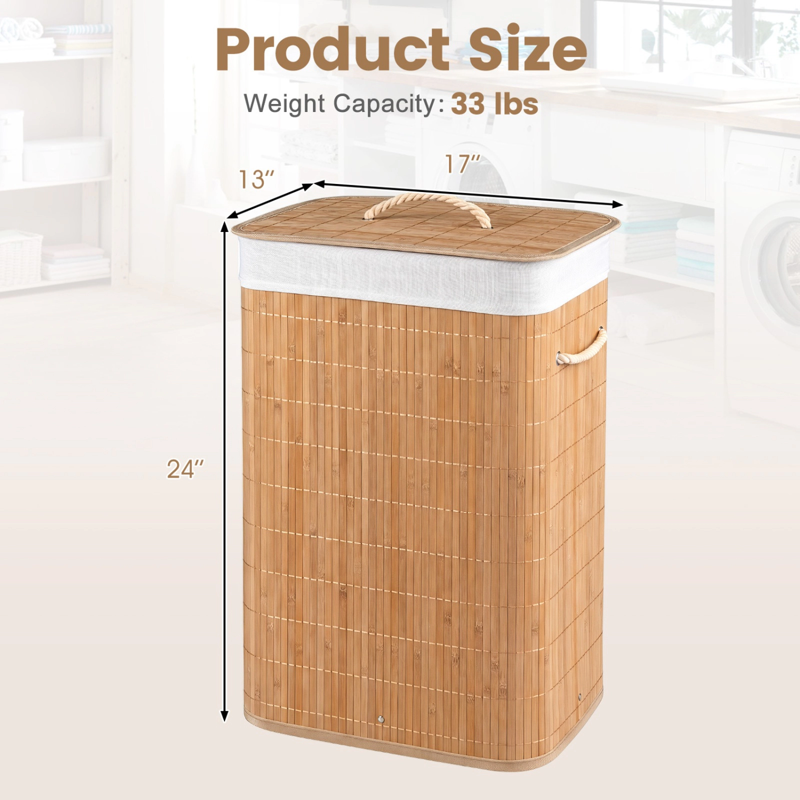 SUGIFT Natural Removable Liner and Carry Handles 19 Gal Bamboo Clothes Hamper