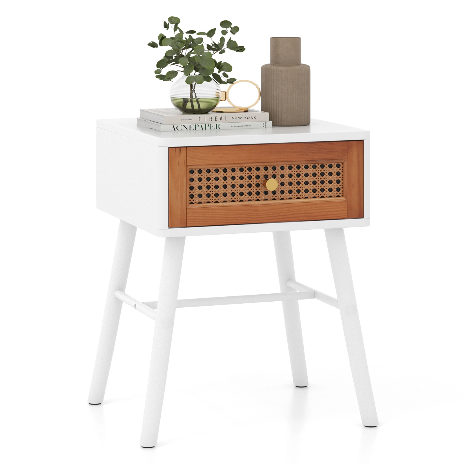 SUGIFT Rattan Drawer Mid Century Nightstand Accent Table 110-lb Tabletop Capacity White + Brown
