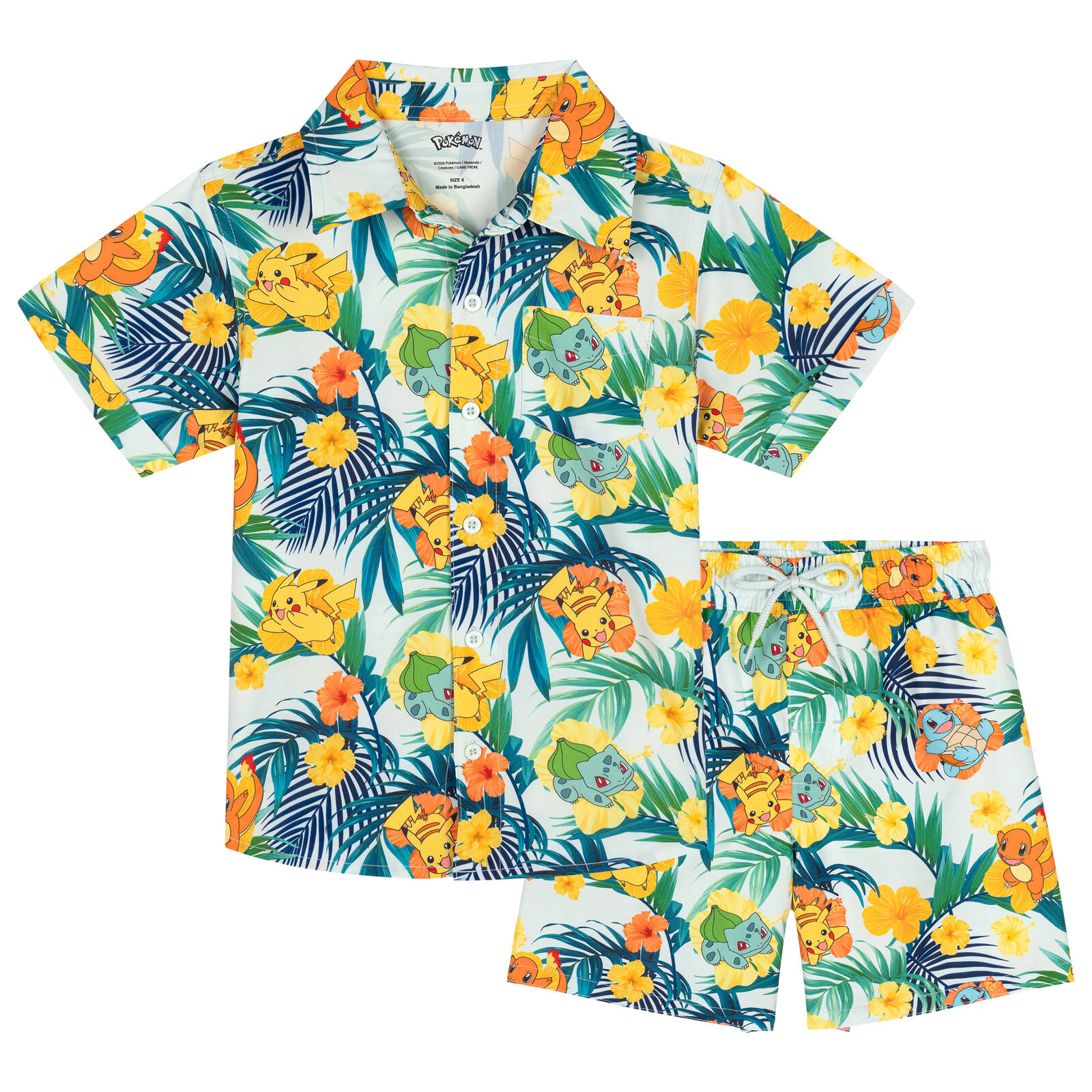 Pokemon Boys' Swimwear 2-Piece Camp Shirt and Swim Trunks Set