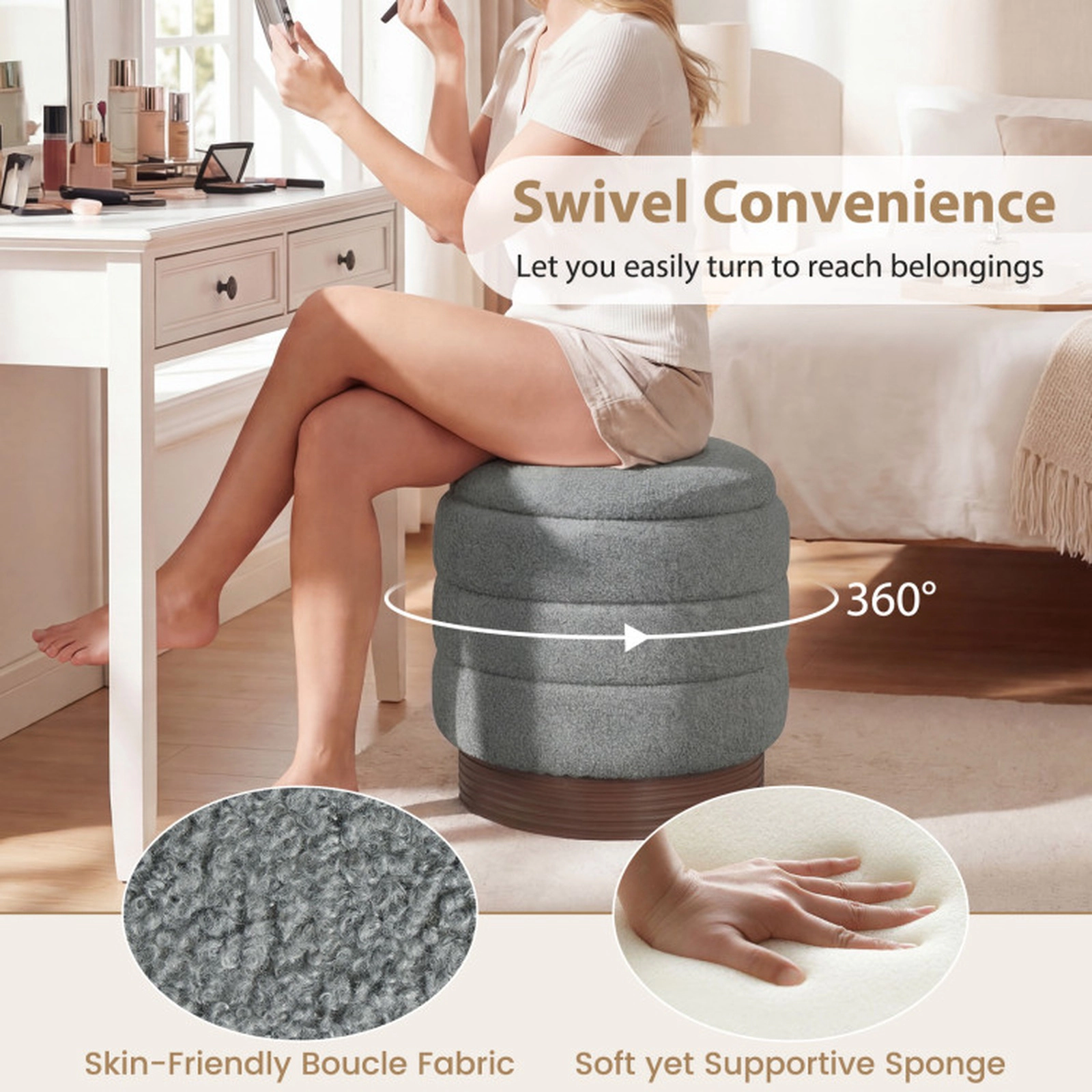 SUGIFT Gray Round Boucle Storage Ottoman, 400 lb Capacity, 360° Swivel Top