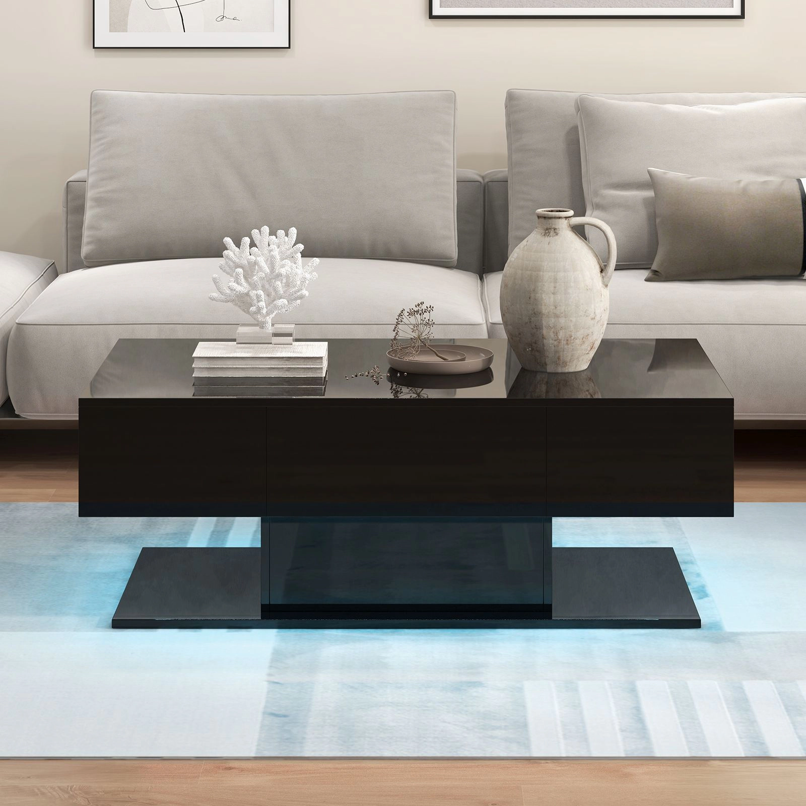 SlickBlue LED Coffee Table with Storage Drawers and High Gloss Finish