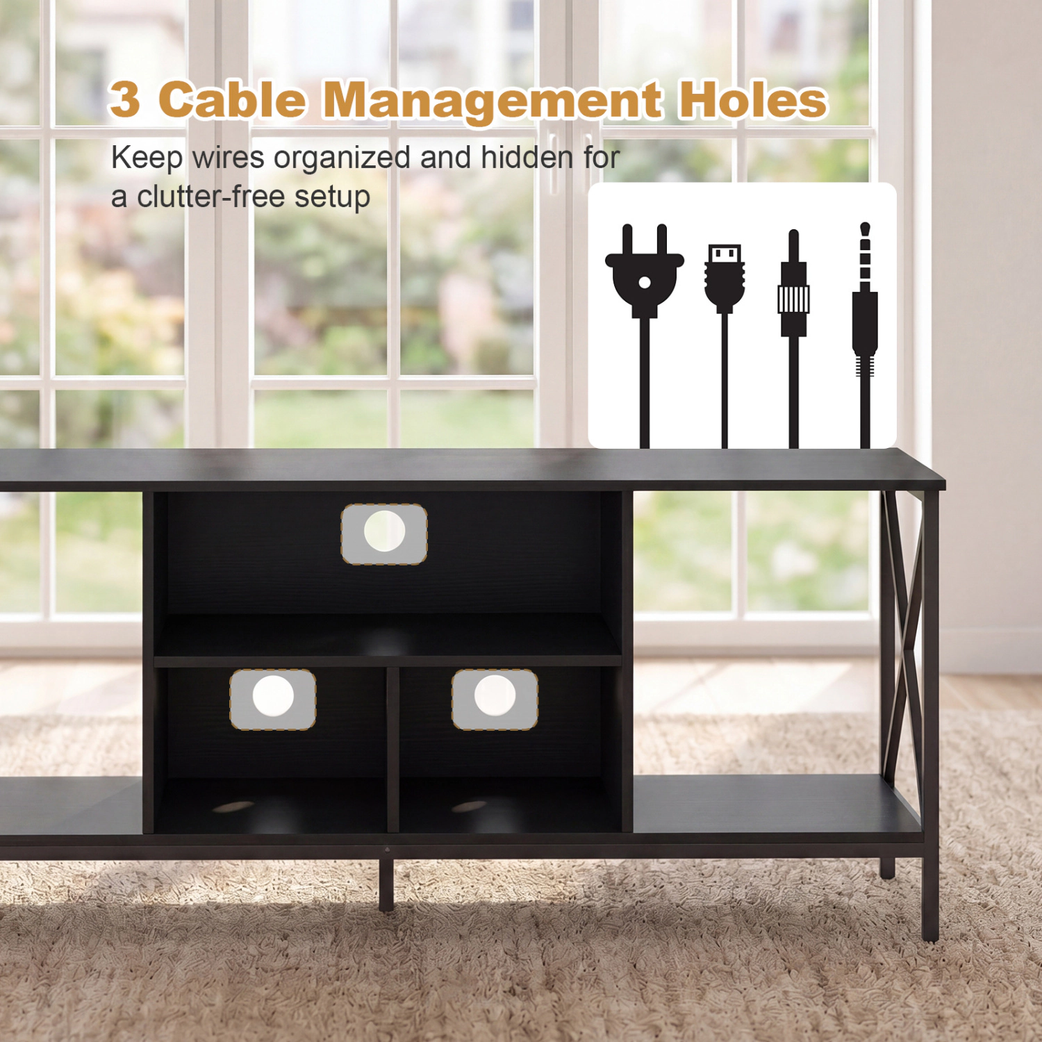 Glintex 59-Inch LED TV Stand with X-Frame and Built-In Charging Station