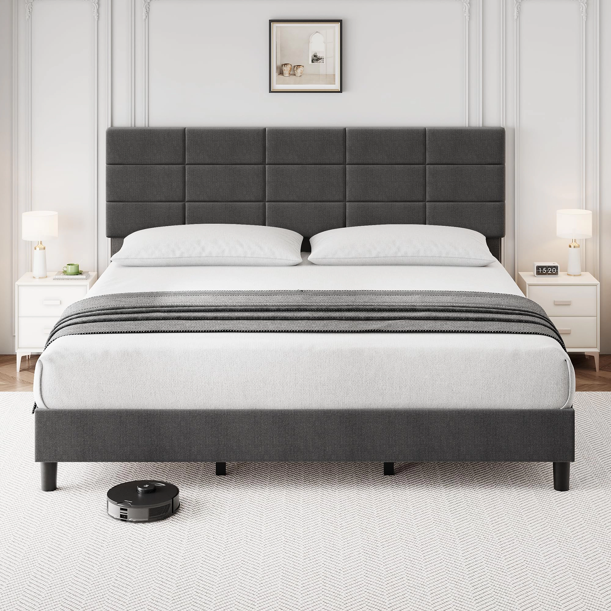 BebreezChic Grey Upholstered Full Bed Frame with Adjustable Headboard