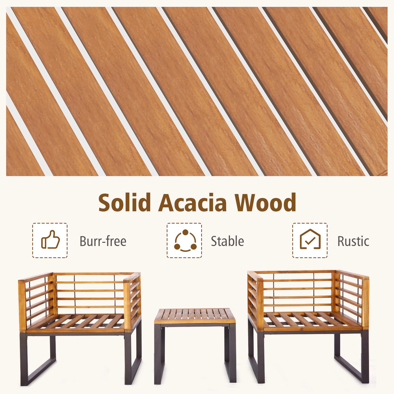 SUGIFT Patio Acacia Wood Conversation Set with Cushioned Armchairs 400-lb Chairs Navy Cushions Natural Black Frame