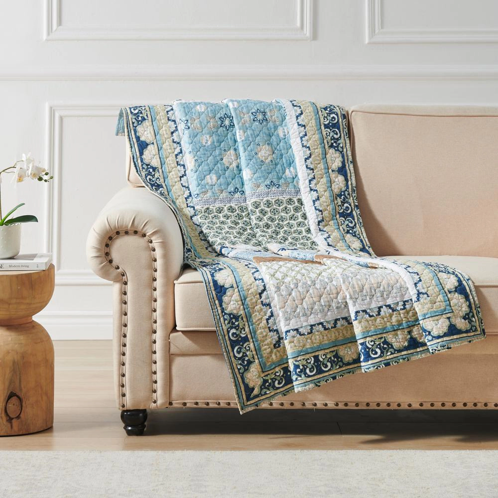Greenland Home Fashions Thalia Stylized Florals and Geometric Prints Bohemian Comfort Throw Accessory 50"x60" Blue