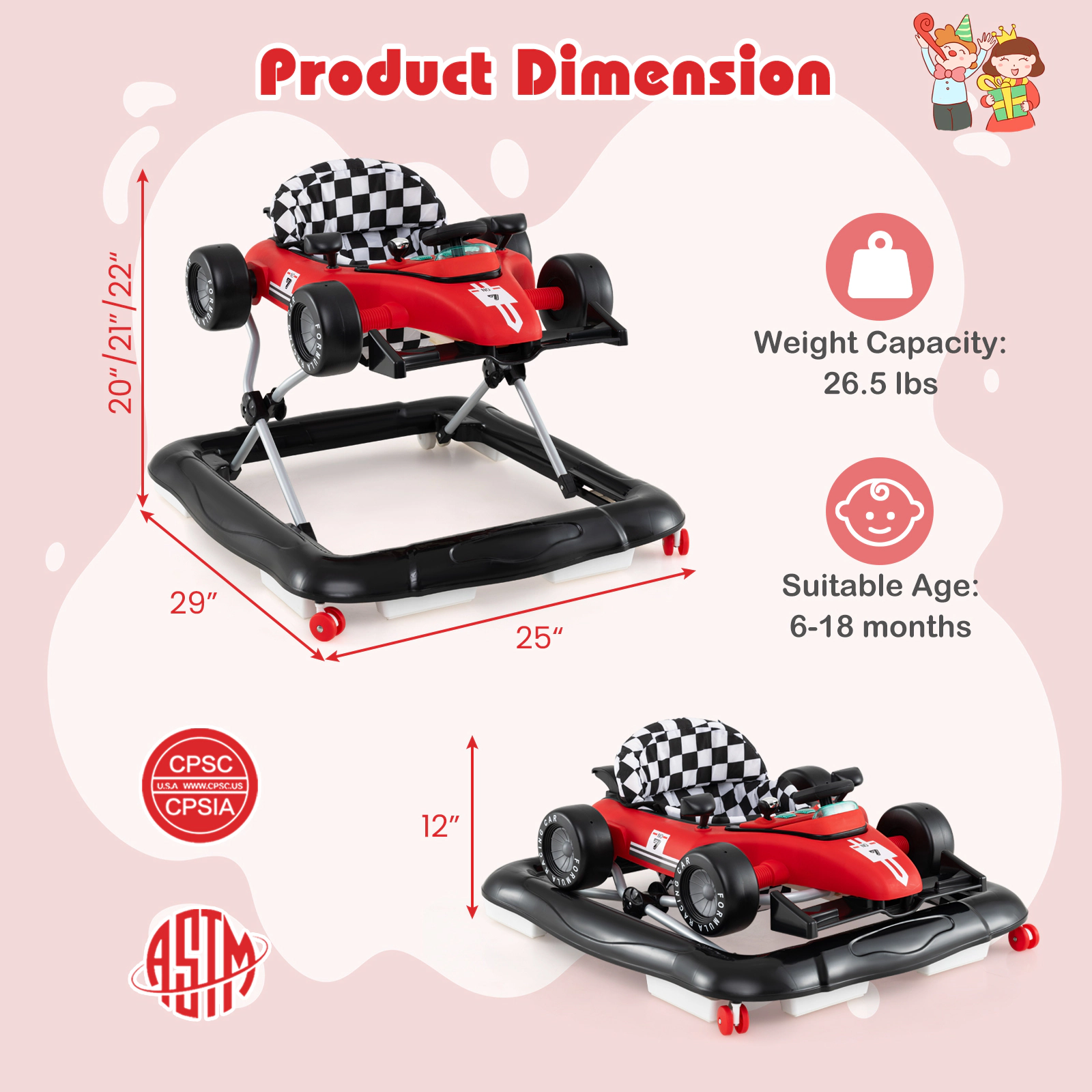 SUGIFT 4-in-1 Convertible Baby Push Walker Activity Center with Music Box 26.5-lb Capacity Ages 6-18 Months Red