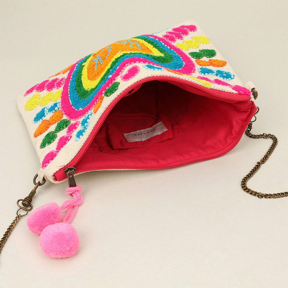 FASHNZFAB Boho Rainbow Heart Pom Pom Clutch Bag / Crossbody Bag