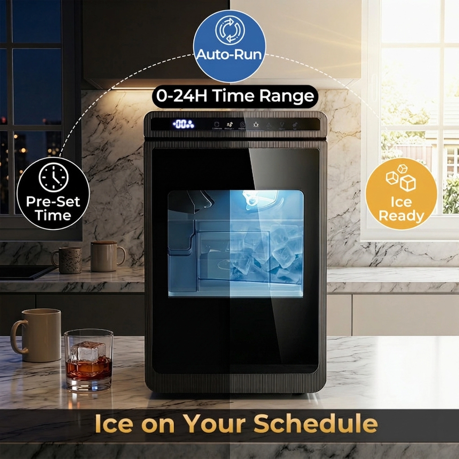 SUGIFT Countertop Clear Ice Maker with 1.6-in Large Square Cubes 26-lb Daily Output and Self-Cleaning