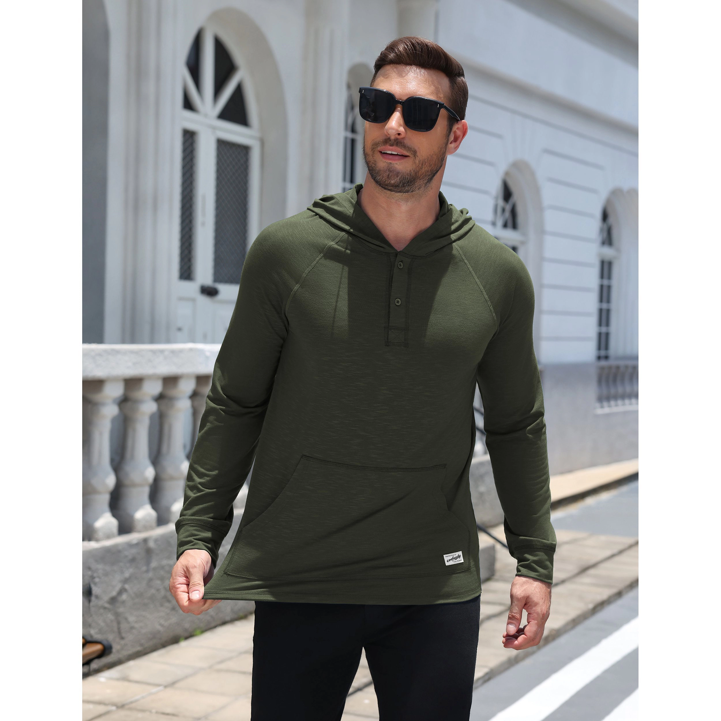 COOFANDY Men's Raglan Long Sleeve Henley Hoodie with Front Kangaroo Pocket
