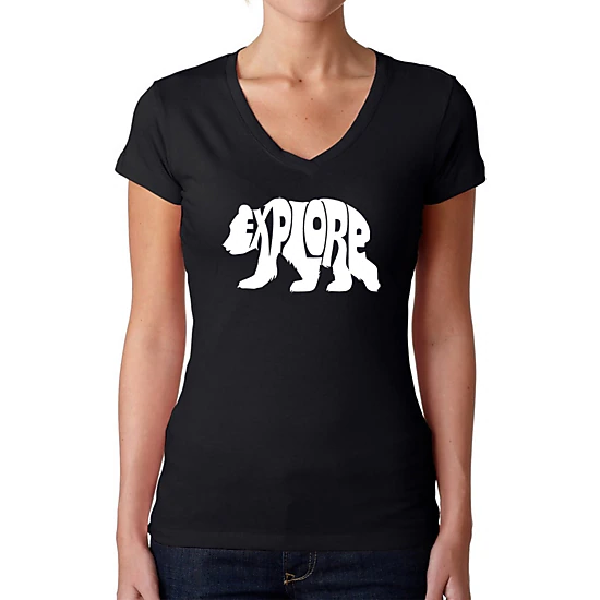 LA Pop Art Womens Word Art V-Neck T-Shirt - Explore