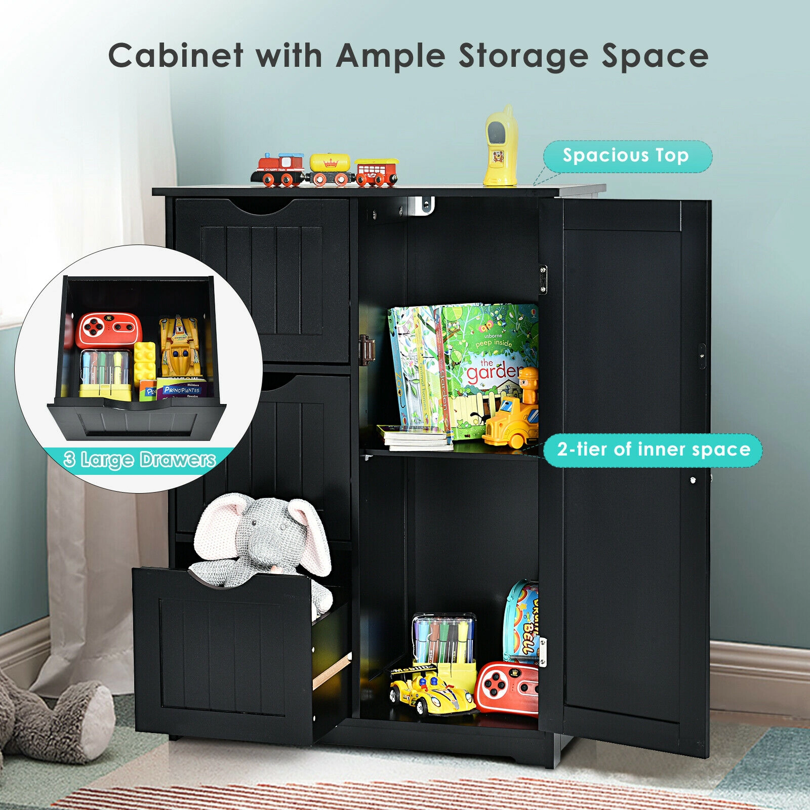 Glintex Bathroom Side Cabinet with 3 Cutout Drawers and Adjustable Cupboard Shelf