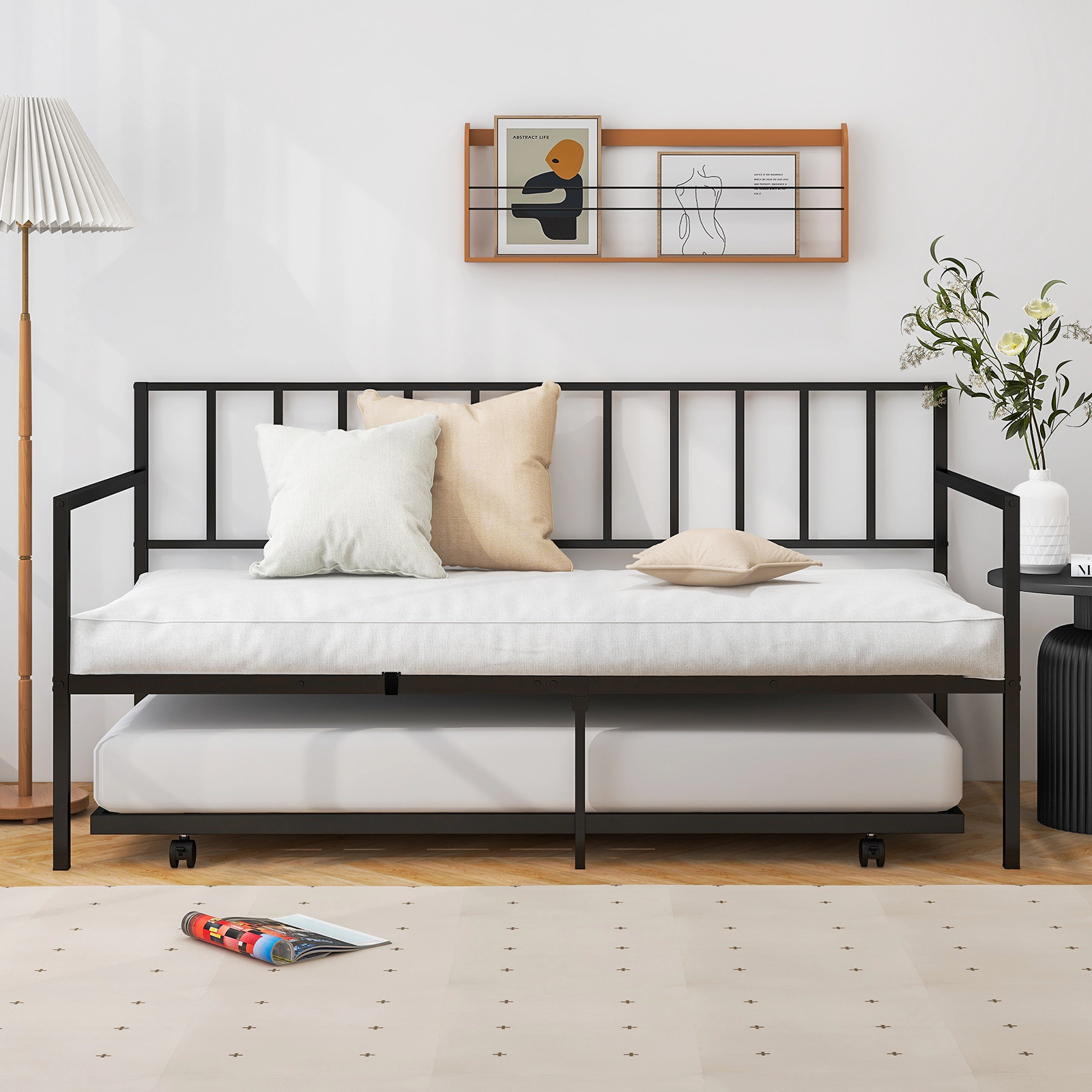 SUGIFT Twin Daybed with Rolling Trundle, Steel Slat Platform, Black