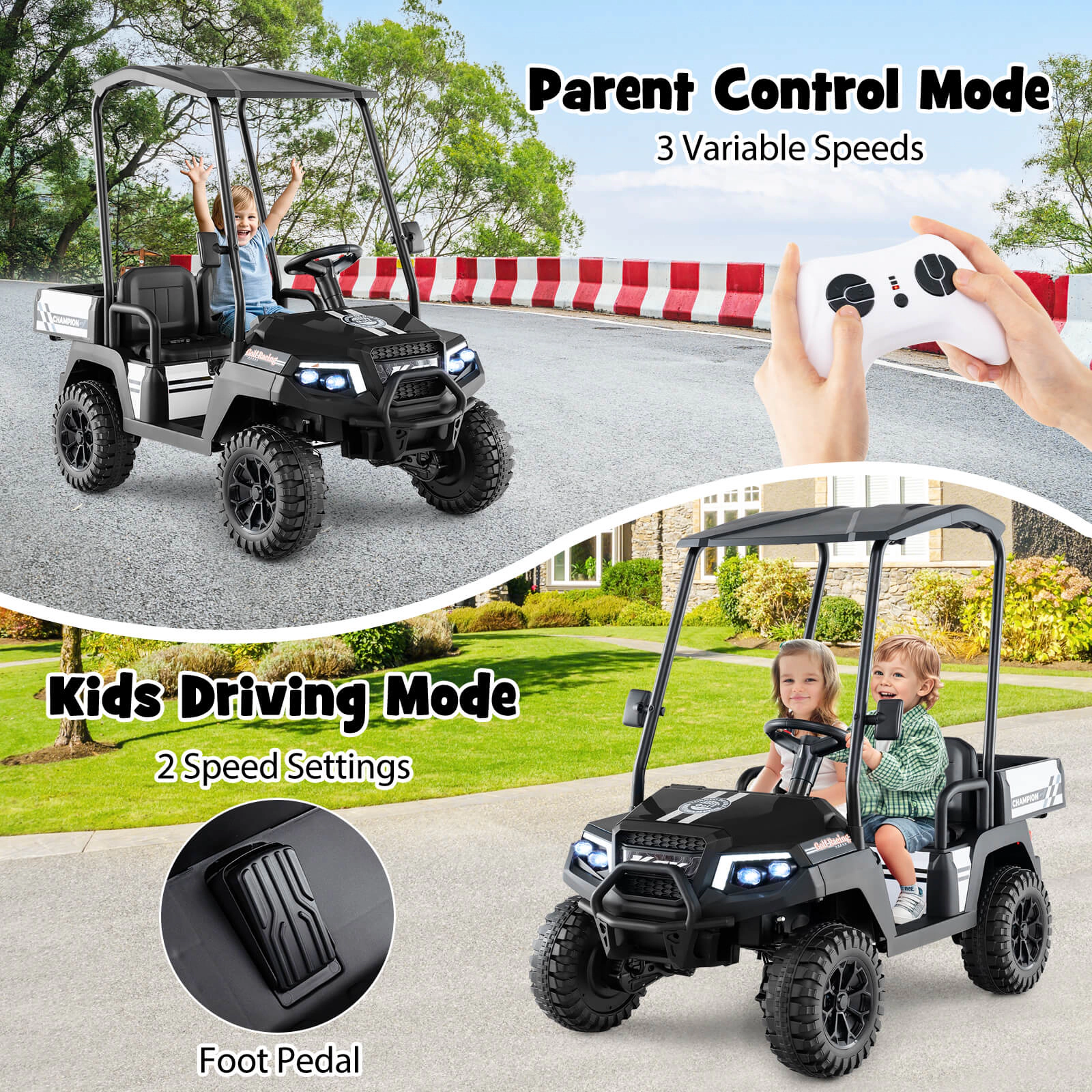 Costway 24V 7AH Kids Golf Cart 4WD 2 Seater Ride on Car w/Sun Shade & Dump Bed Black/Red/Pink/Navy