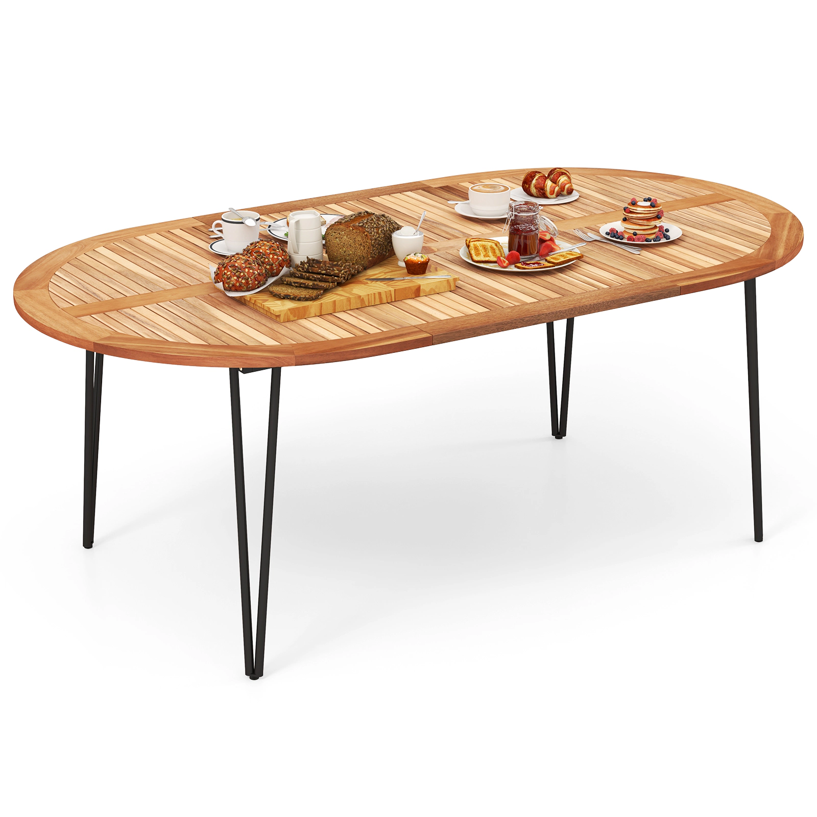 SUGIFT 79-in Oval Acacia Wood Patio Dining Table with Umbrella Hole 330-lb Capacity for 8 People Natural & Black
