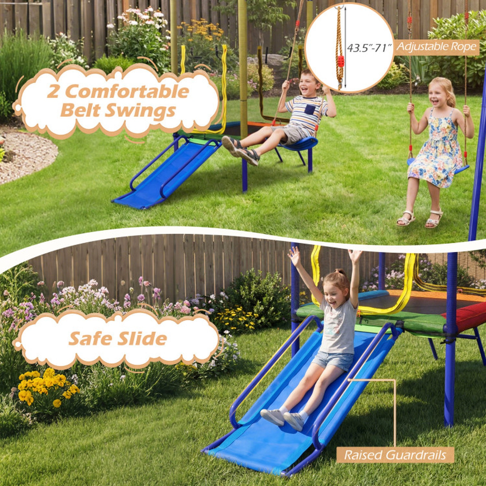 SUGIFT 5-in-1 Kids Outdoor Swing Set with Trampoline and Basketball Hoop 330-lb Trampoline Capacity 8+ Years Yellow+Blue