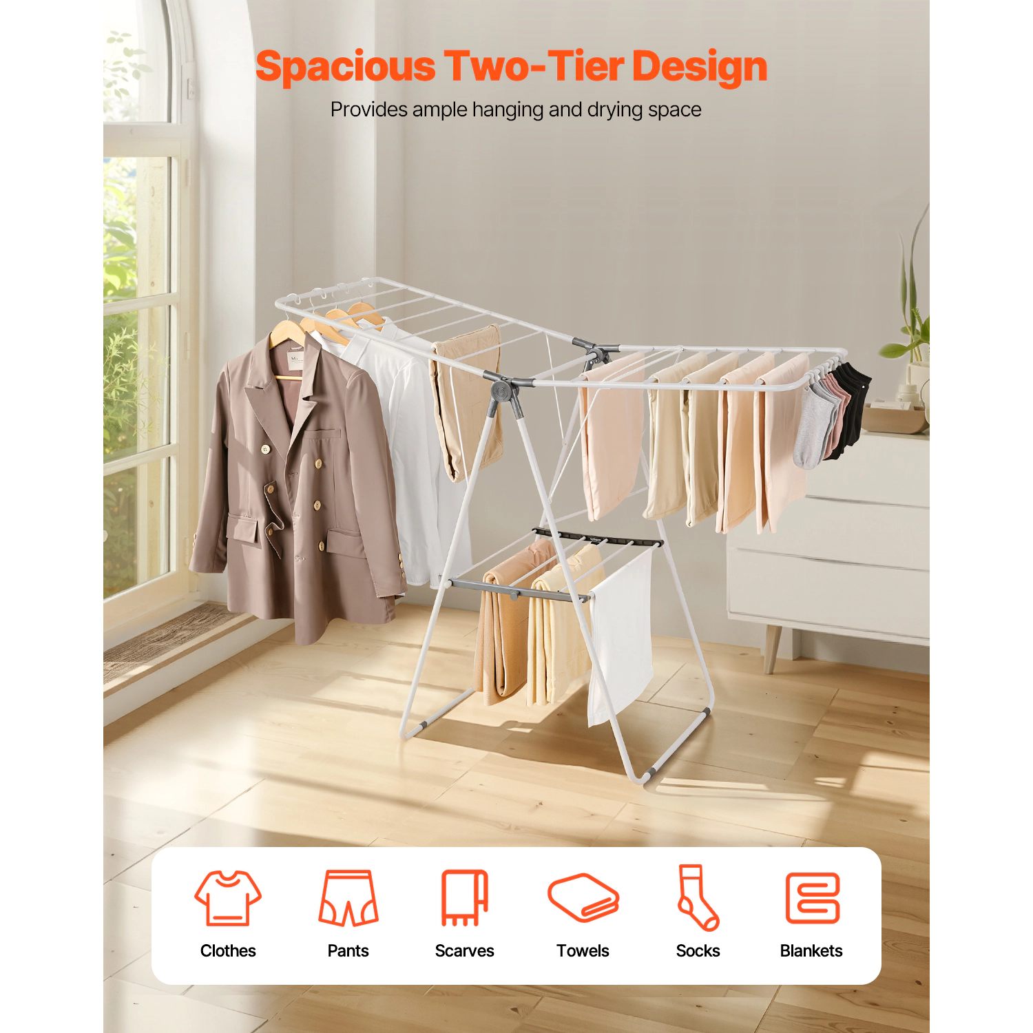 HONGGE 2-Tier Foldable Clothes Drying Rack with Sock Clips & Rods