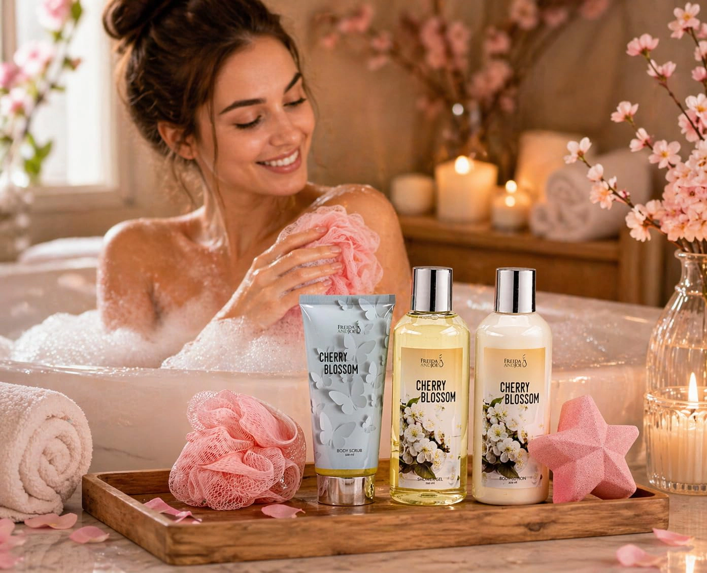 Freida and Joe  Women Cherry Blossom Spa Gift Box For Her Bath and Body Self-care Gift Set