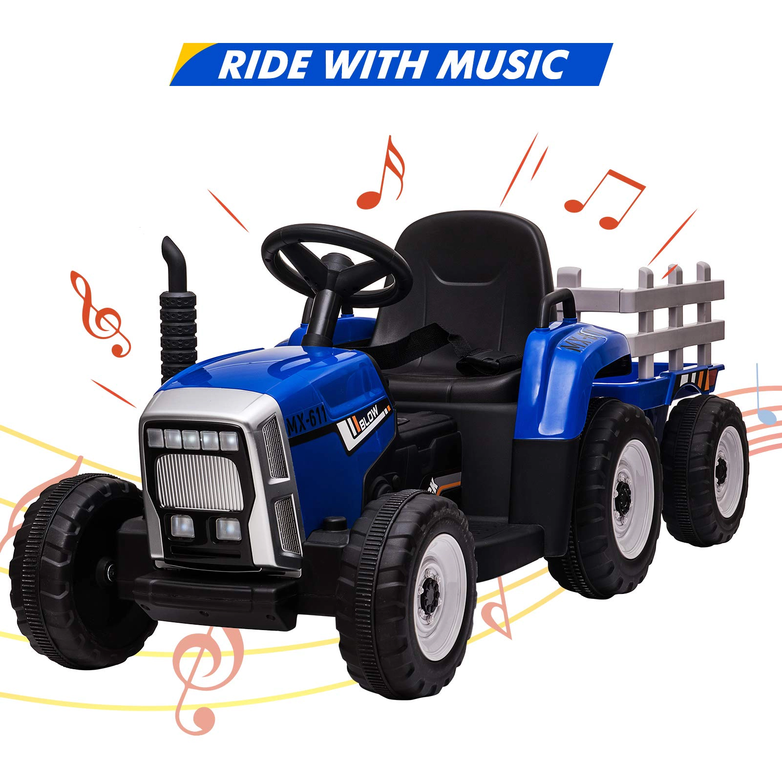 Enjyam 12V Kids Electric Tractor with Trailer, Ride On Car w/Remote, 7-LED Lights, 3-Speed, MP3/USB, Tread Tires,25W