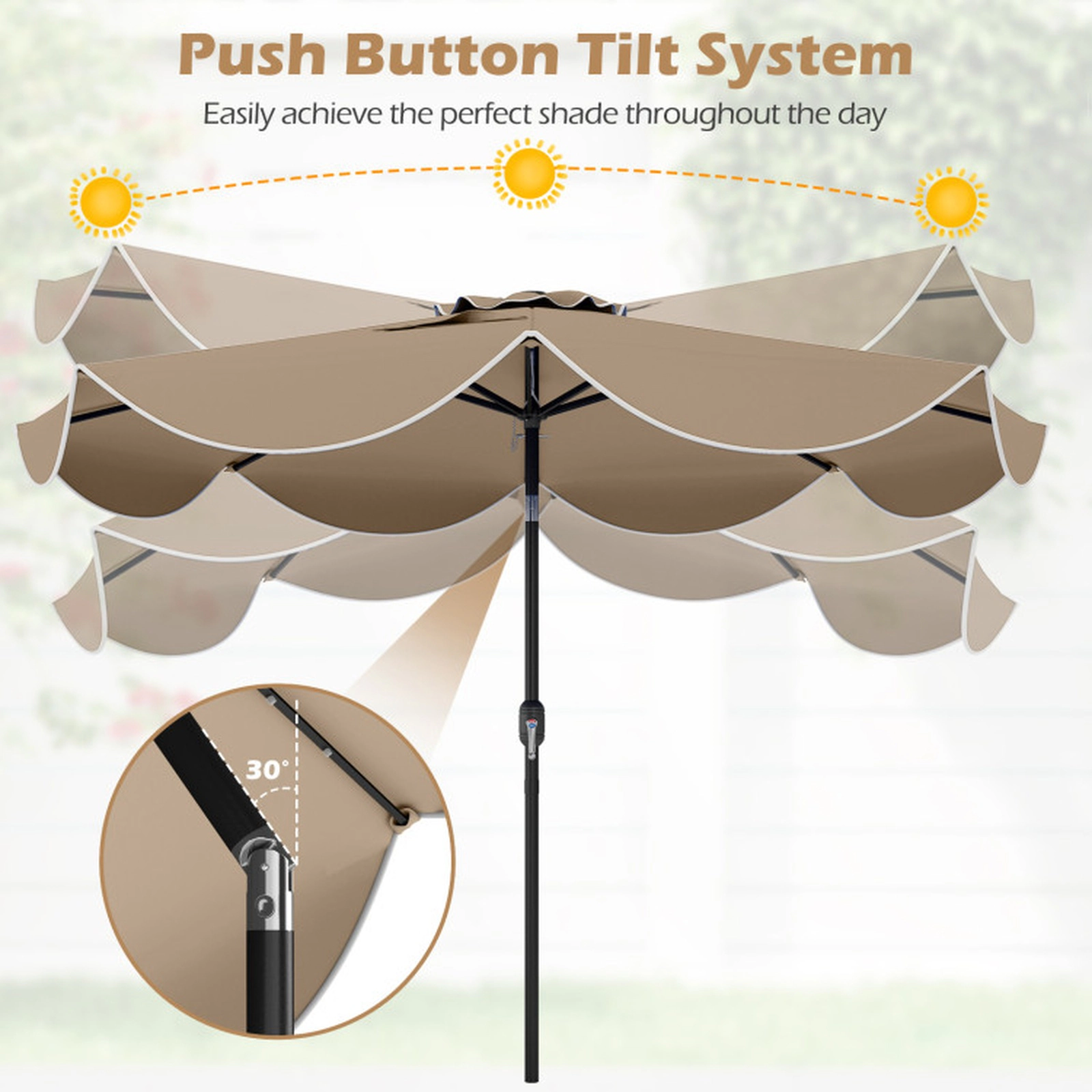 SUGIFT Scalloped Solar Patio Umbrella Market Table Umbrella with 24 LED Lights 9-ft Tan