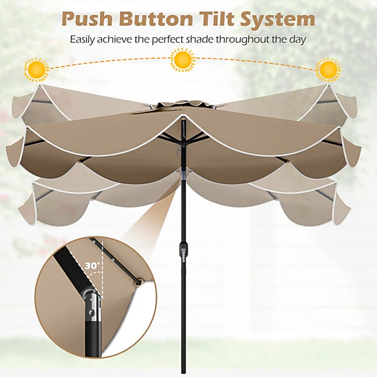 SUGIFT Scalloped Solar Patio Umbrella Market Table Umbrella with 24 LED Lights 9-ft Tan