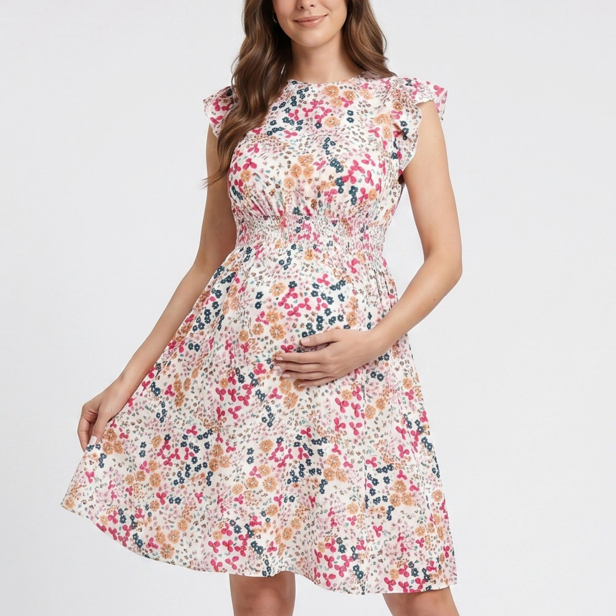 Anna-Kaci Women's Floral Maternity Dress with Flutter Cap Sleeves and Empire Waist