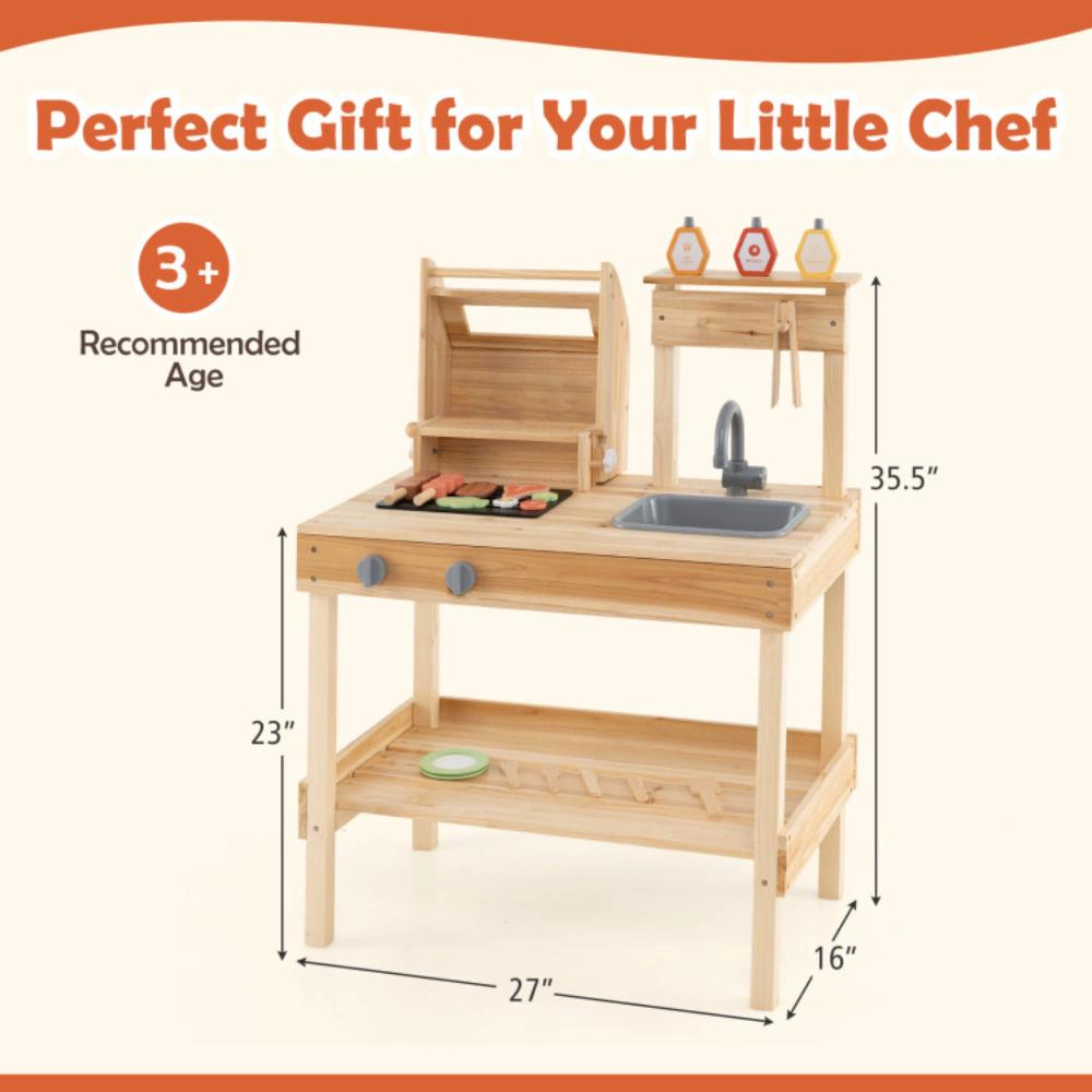 Hivvago Wooden Barbecue Grill Playset with Play Food and Open Shelves-Natural