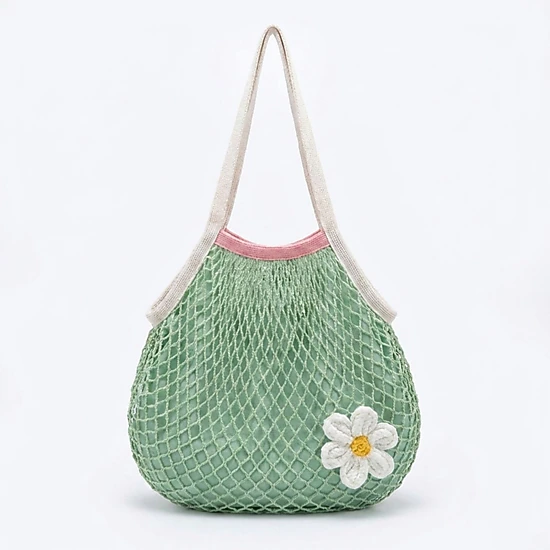 Alilang Women's Crochet Style Net Tote Bag with Daisy Accent and Shoulder Straps, Red