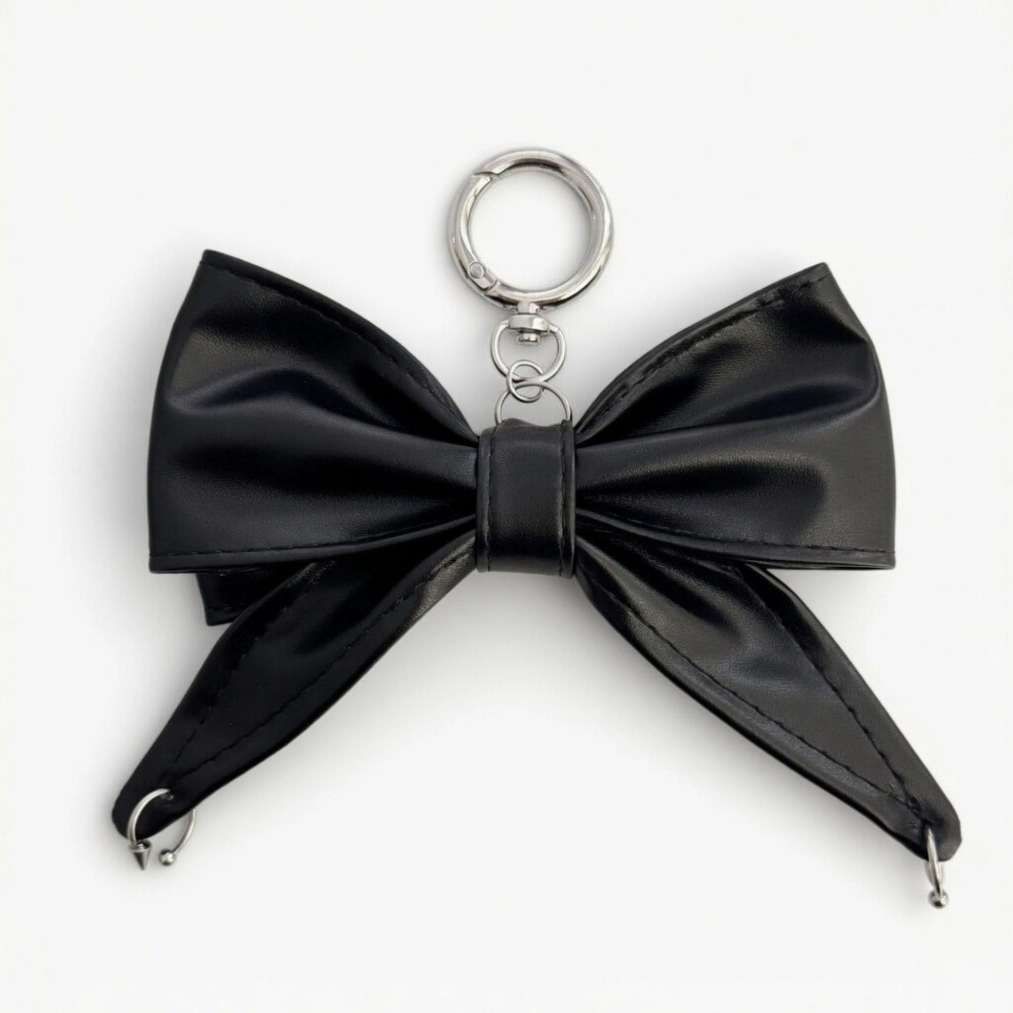 Alilang Women's Faux Leather Bow Keychain with Safety Pin Stud Detail Oversized Bow Bag Charm Key Ring Accessory