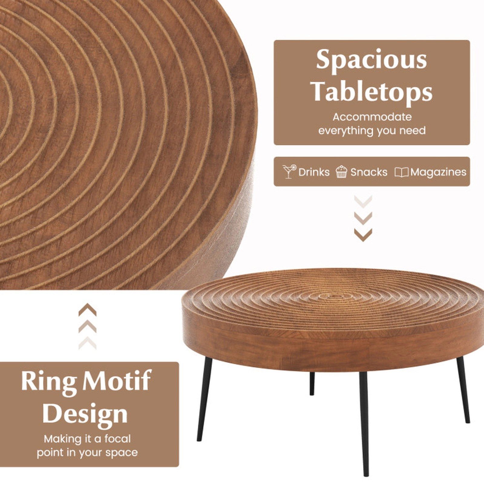 SUGIFT Set of 2 Solid Pine Wood Ring Pattern Farmhouse Round Coffee Tables 180-lb and 135-lb Capacity Natural