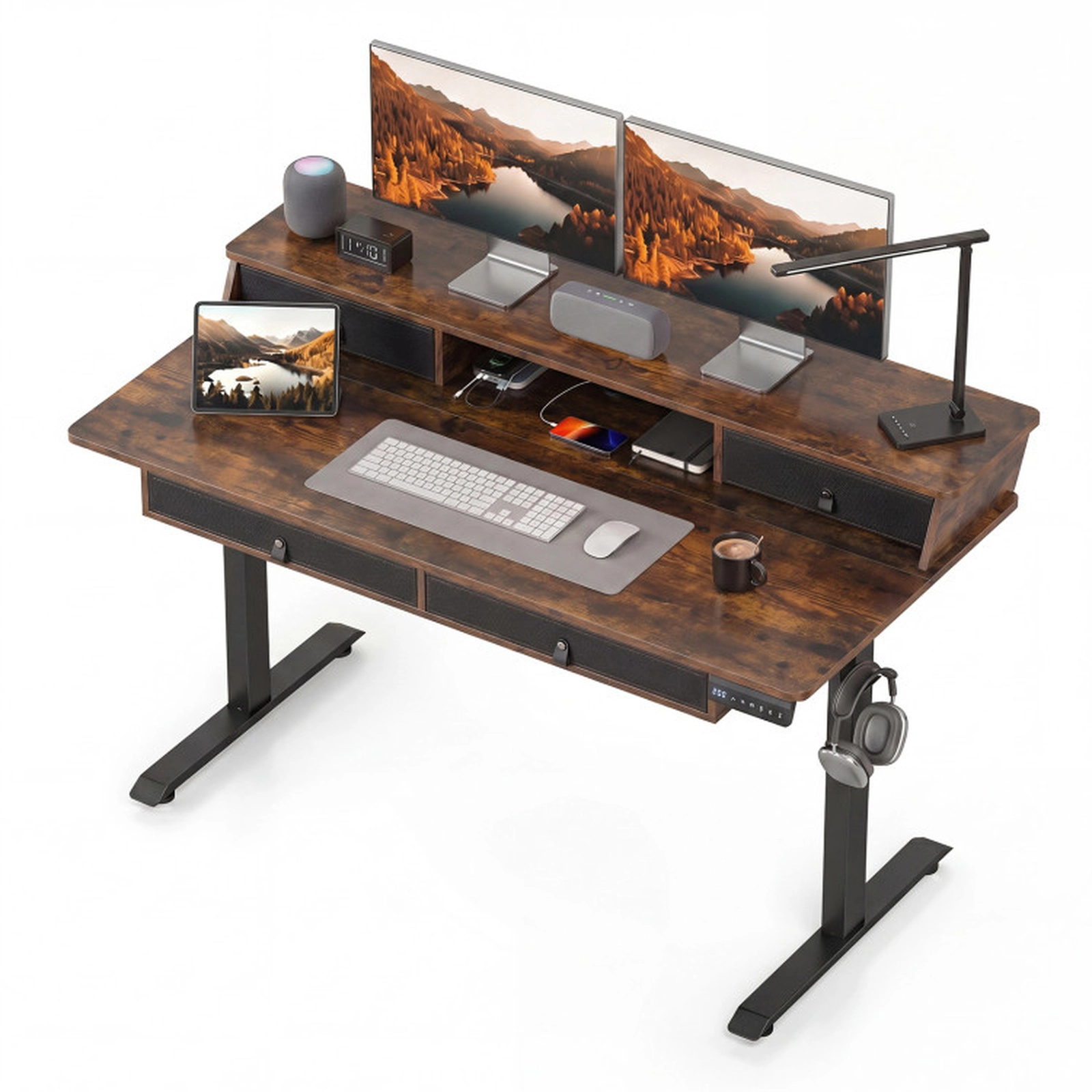 SUGIFT 55-Inch Rustic Brown Electric Standing Desk with Drawers and Monitor Stand