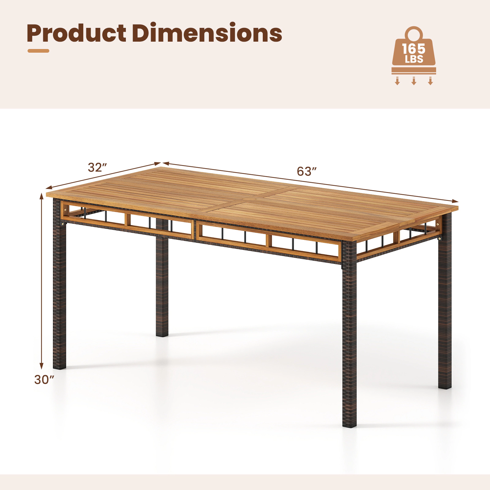 SUGIFT 63-in Outdoor Dining Table with Acacia Wood Slatted Tabletop 165-lb Capacity Natural + Black