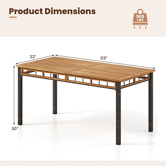SUGIFT 63-in Outdoor Dining Table with Acacia Wood Slatted Tabletop 165-lb Capacity Natural + Black