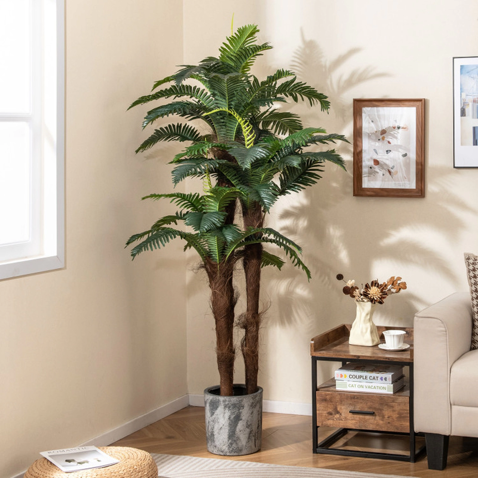 SUGIFT Set of 2 6.3-ft 45 Large Leaves Cement-Cast Pot Artificial Palm Trees 75-in Tall 7.5-in x 6.5-in Pot Green