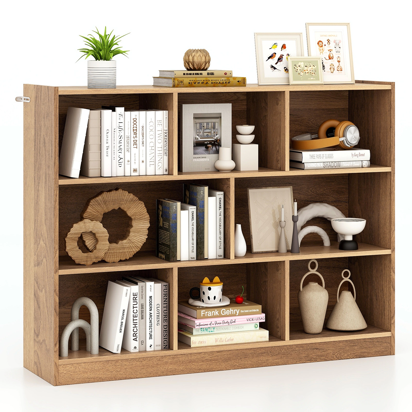 SUGIFT 8-Cube Natural 48-in Wide 3-Tier Cube Storage Organizer Bookshelf with Raised Top Edge and 132-lb Top