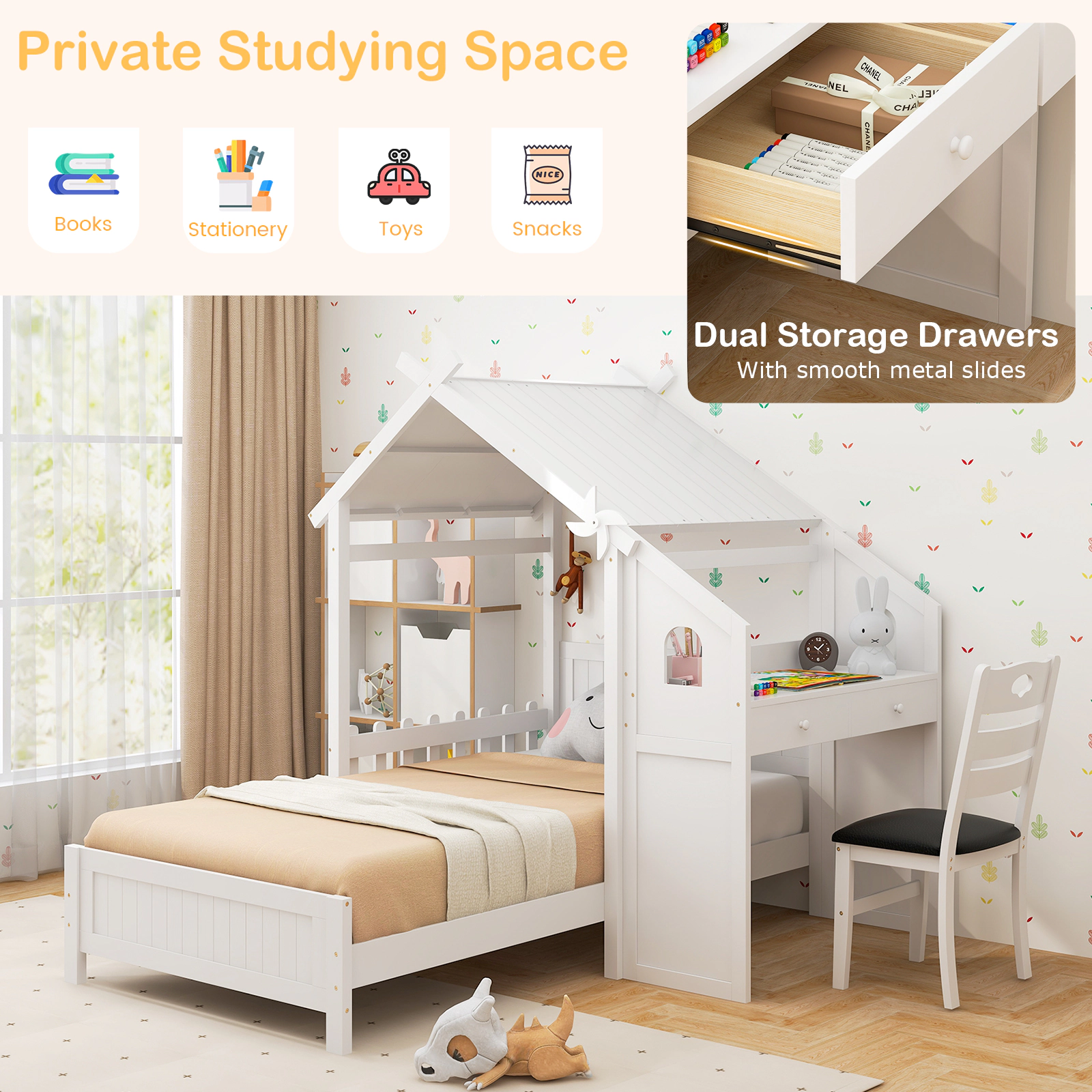 SUGIFT Twin House Bed with Desk, 2 Drawers and Study Chair, White