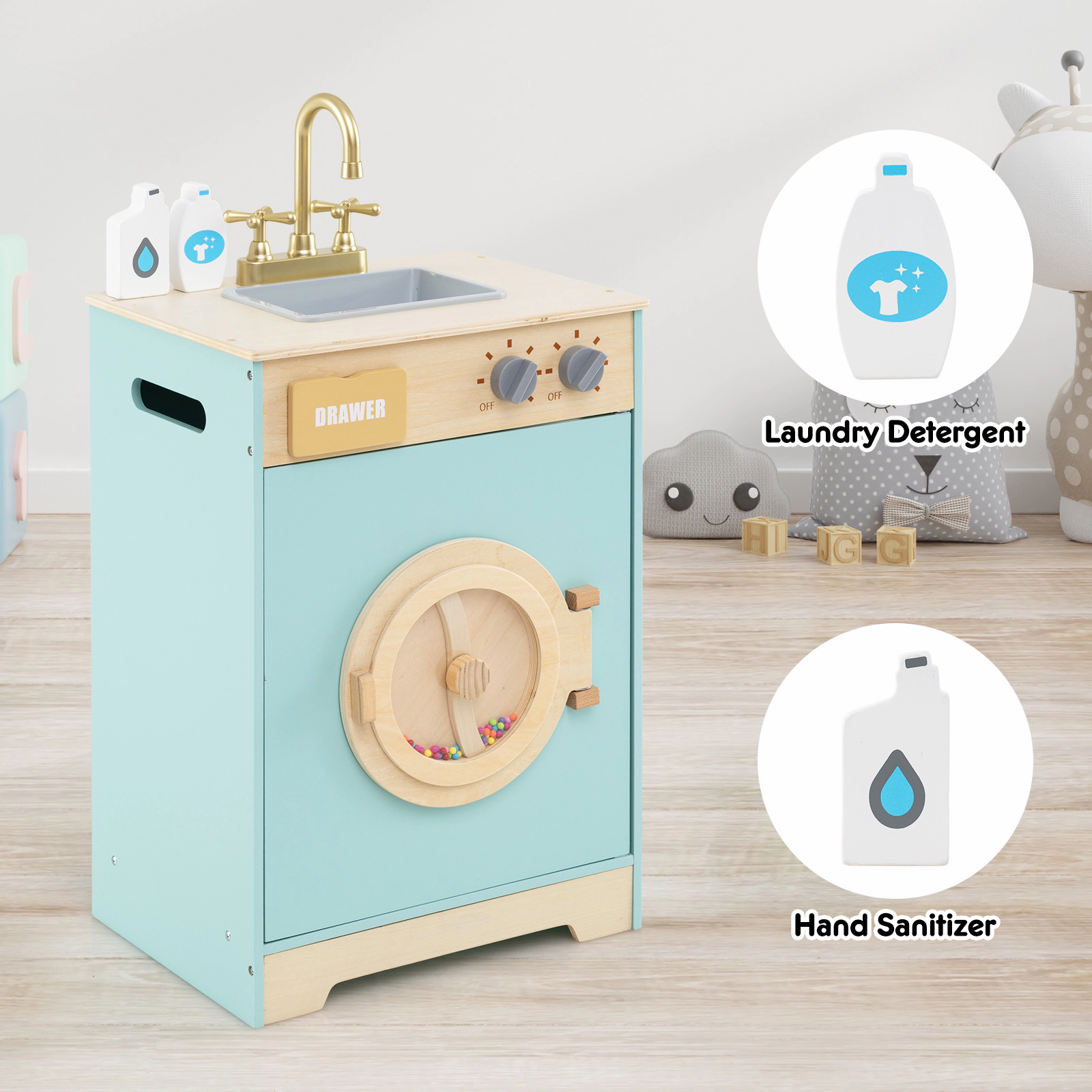 SUGIFT Kids Blue Wooden Toy Washing Machine Playset with Removable Sink and Detergent Bottle 16-in W 30-in H
