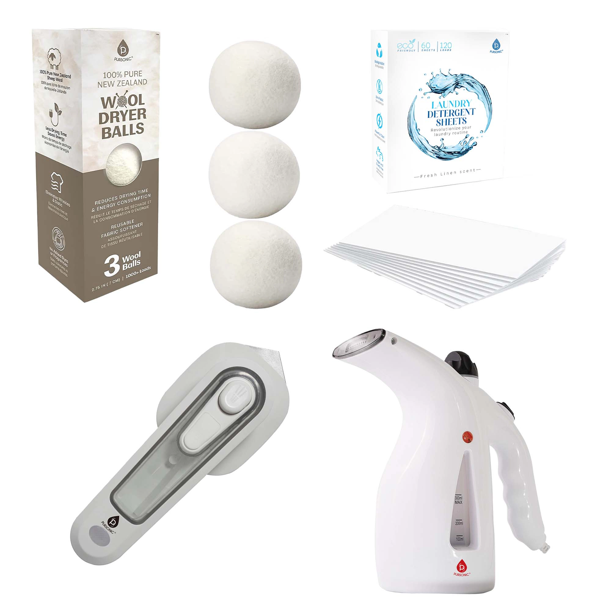 Pursonic Unisex Travel Laundry Essentials Set with Garment Steamer, Mini Iron & Laundry Accessories