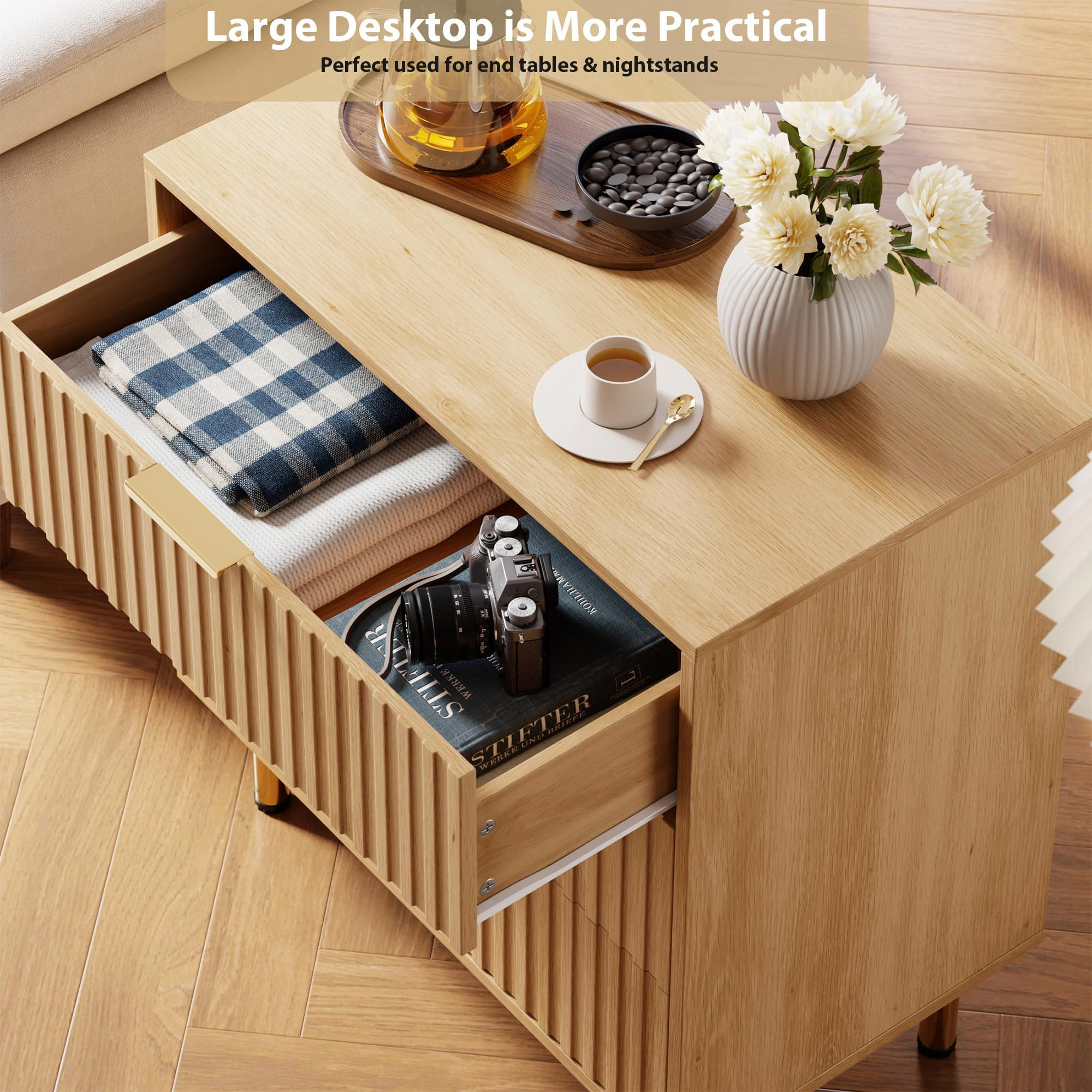 Fluted 3 Drawer Dresser Nightstand, Wooden Storage Side Table for Bedroom Living Room Hallway