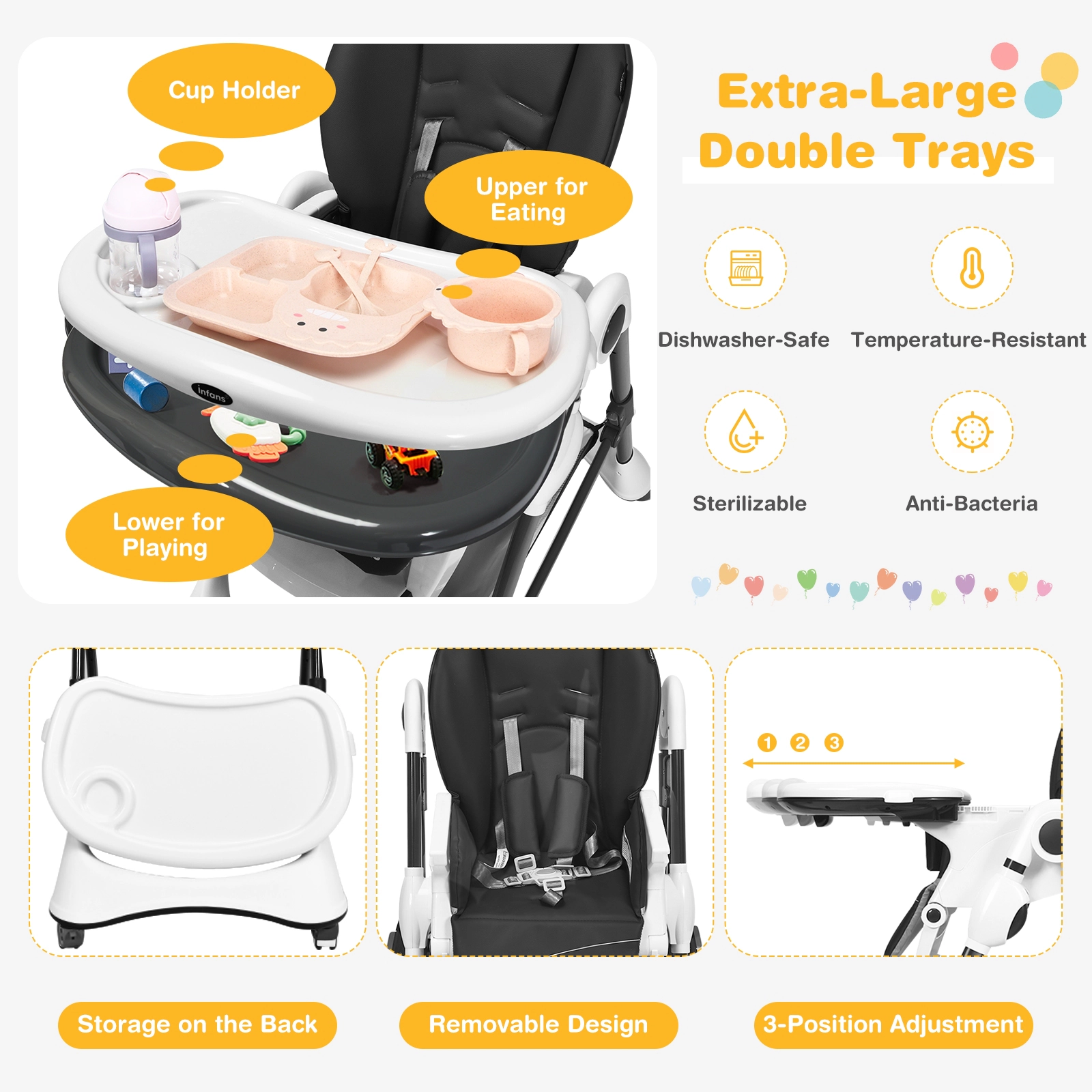 SUGIFT Gray 4 Lockable Wheels and 5-Point Harness A-Shaped Foldable Baby High Chair